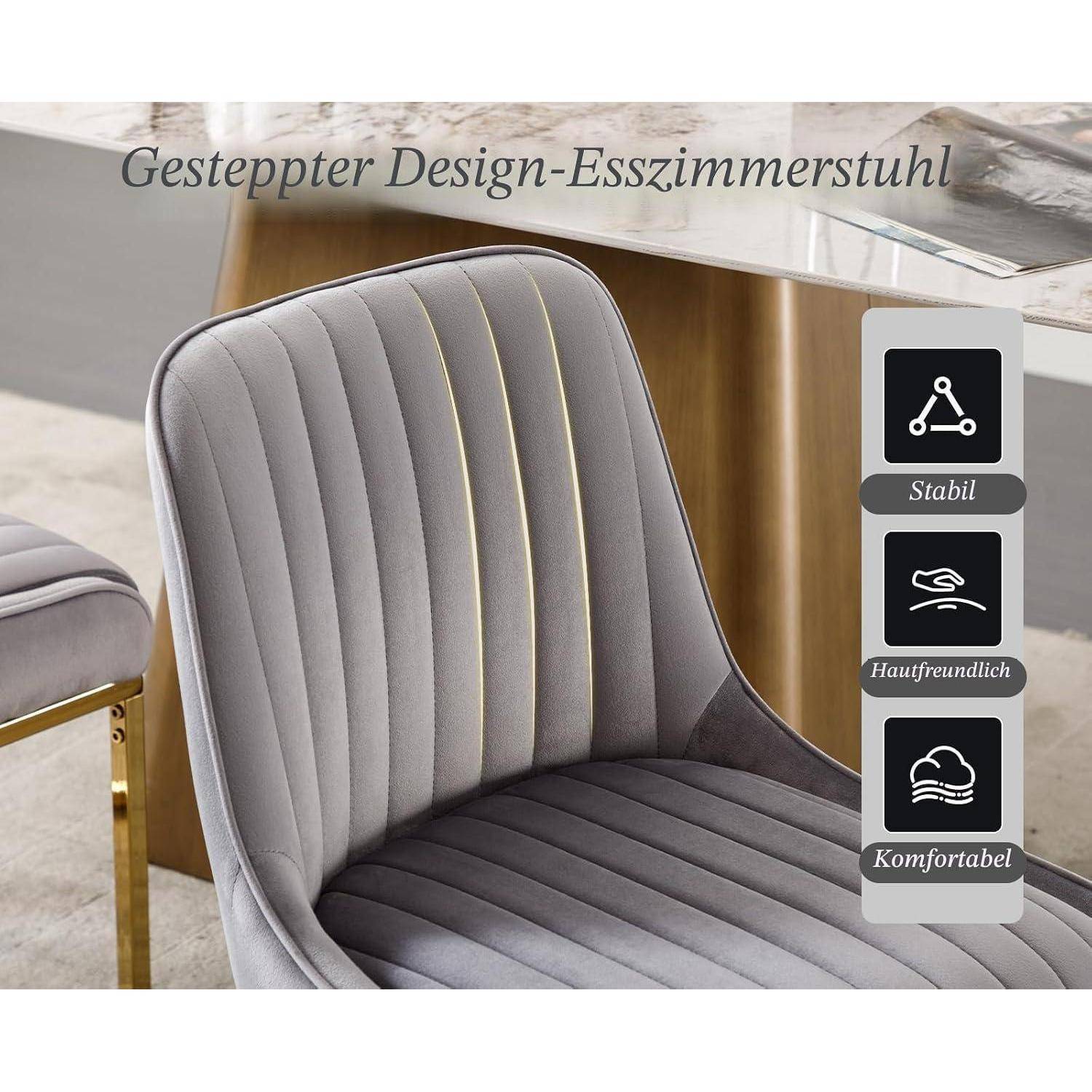 Grauer gepolsterter Esszimmerstuhl mit vertikaler Steppung neben einem Tisch, mit der Bezeichnung „Gesteppter Design-Esszimmerstuhl