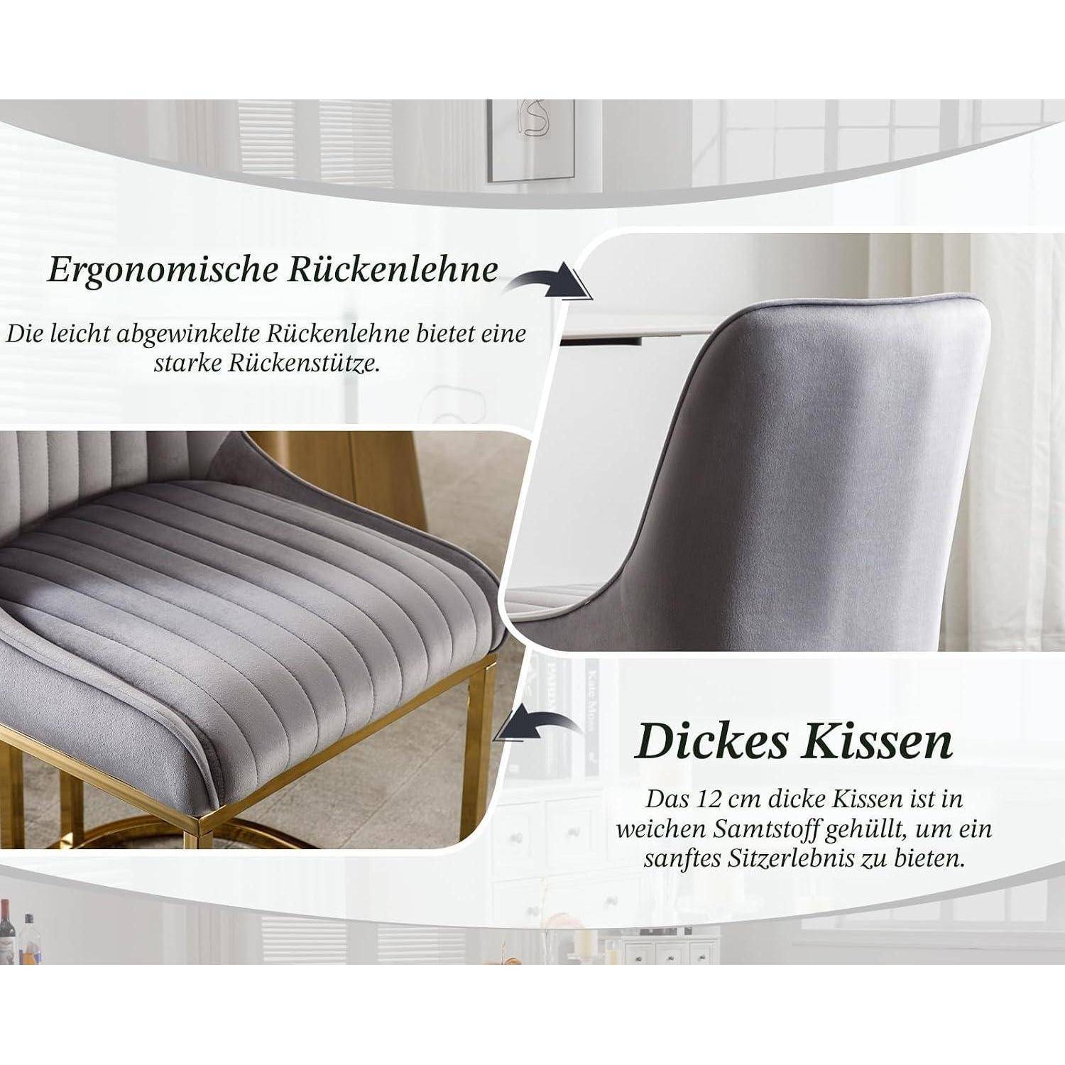 Werbebild eines grau gepolsterten Stuhls mit ergonomischer geschwungener Rückenlehne und dickem 12-cm-Kissen für komfortables Sitzen.