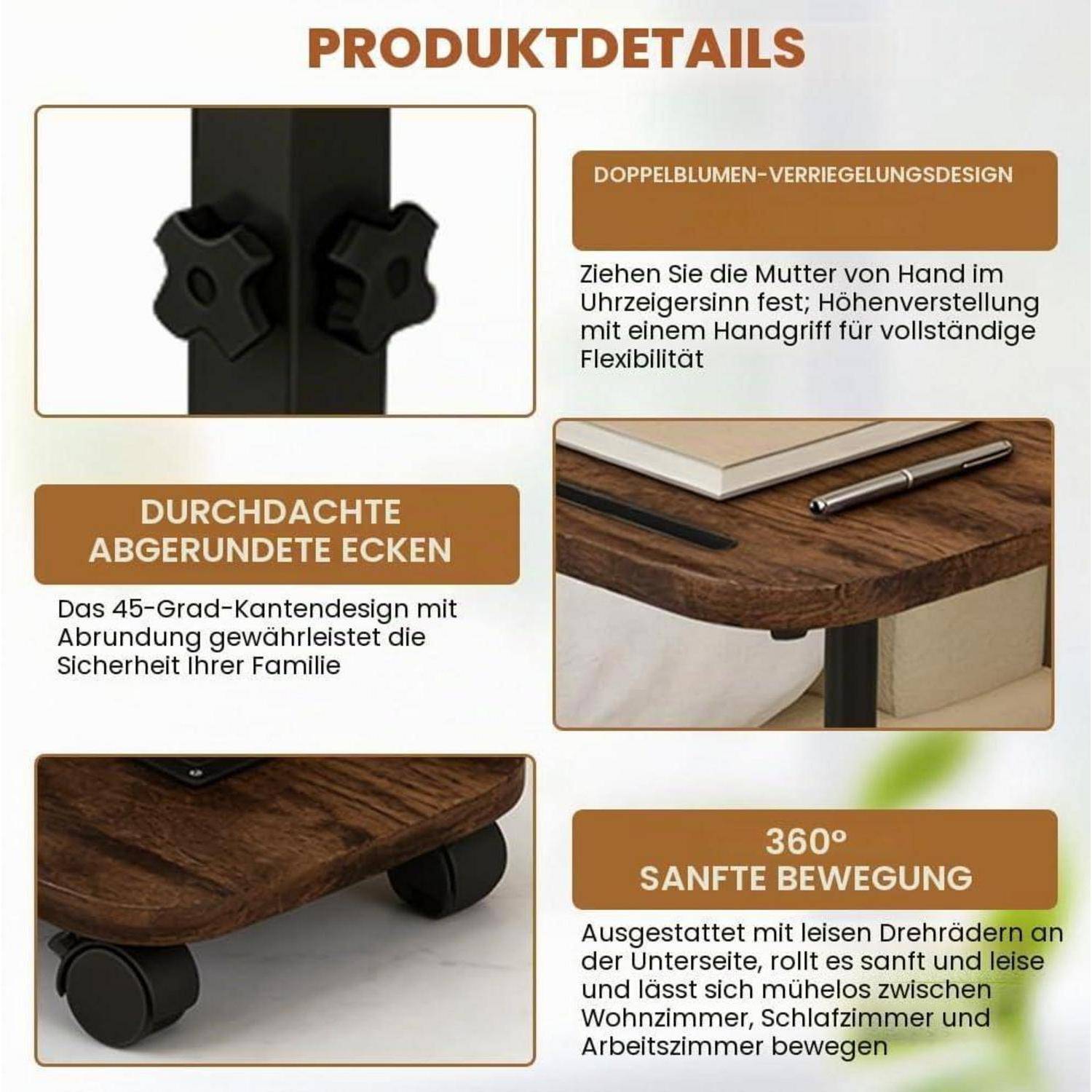 Beistelltisch Höhenverstellbar, Beistelltisch C Form Höhenverstellbar, mit Rollen, 360° Drehbar, Holz Sofatisch, Mobiler Klein Beistelltischs, C-Fo