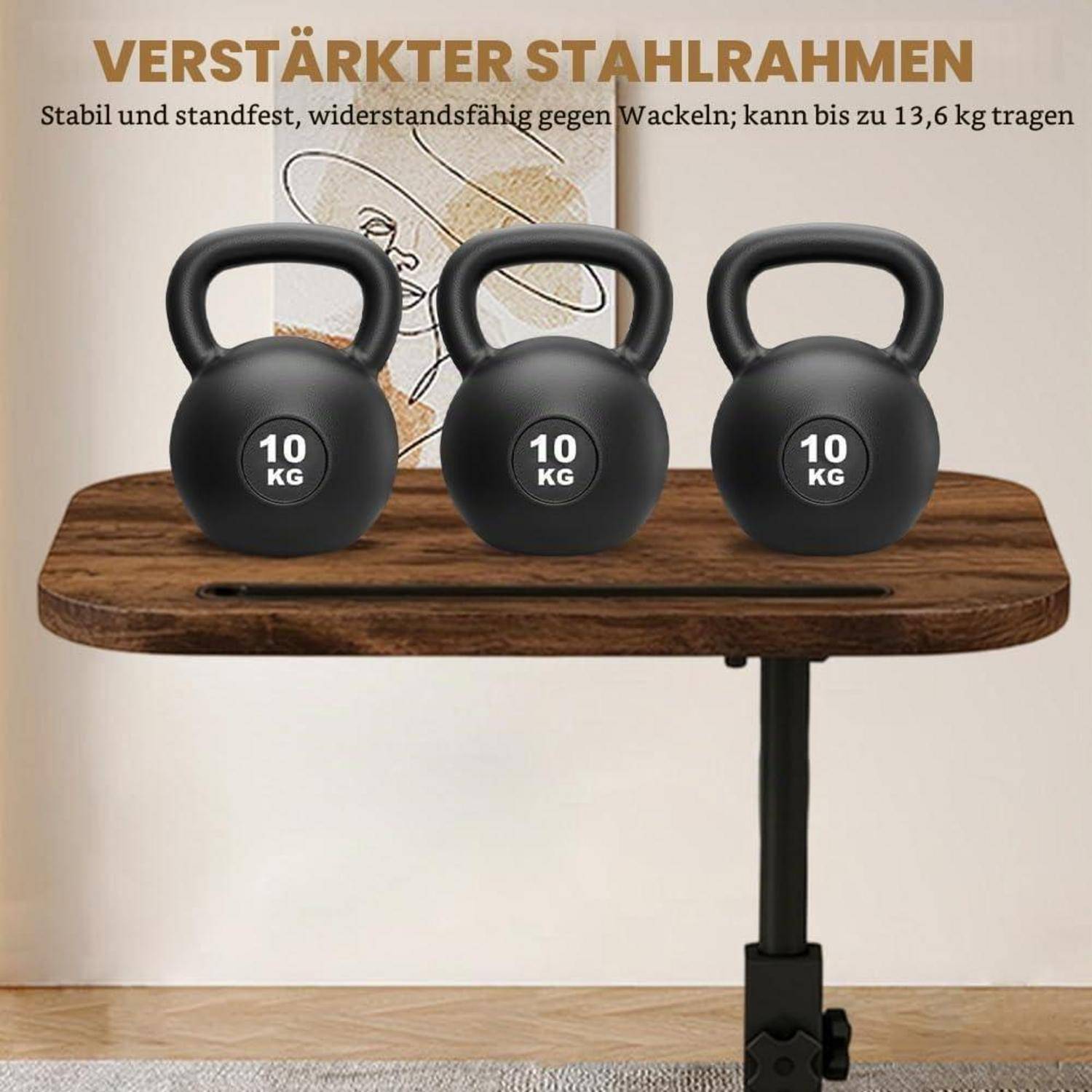 Beistelltisch Höhenverstellbar, Beistelltisch C Form Höhenverstellbar, mit Rollen, 360° Drehbar, Holz Sofatisch, Mobiler Klein Beistelltischs, C-Fo