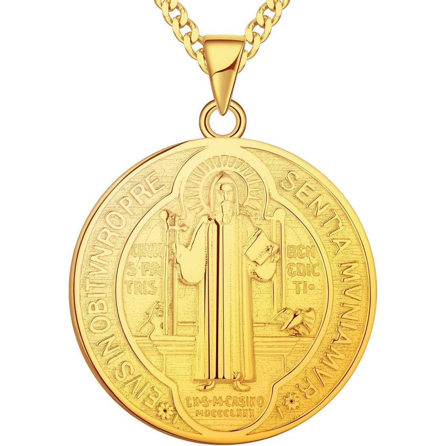 FJ Heiliger Benedikt Kette 925 Sterling Silber Heiliger Benedikt Anhänger Halskette Runde Münze Antiqued Religious Protector Talisman Kette für Her