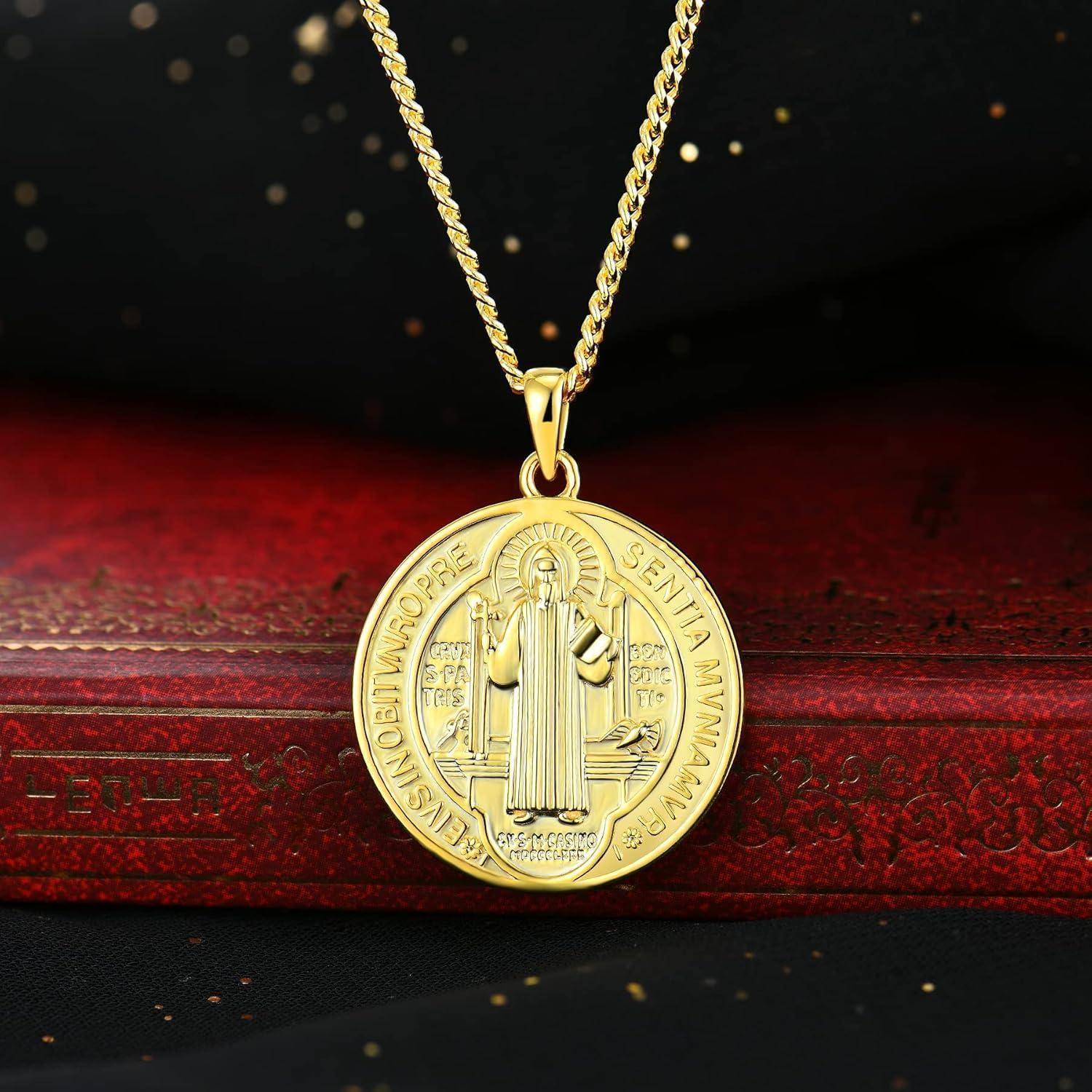 FJ Heiliger Benedikt Kette 925 Sterling Silber Heiliger Benedikt Anhänger Halskette Runde Münze Antiqued Religious Protector Talisman Kette für Her