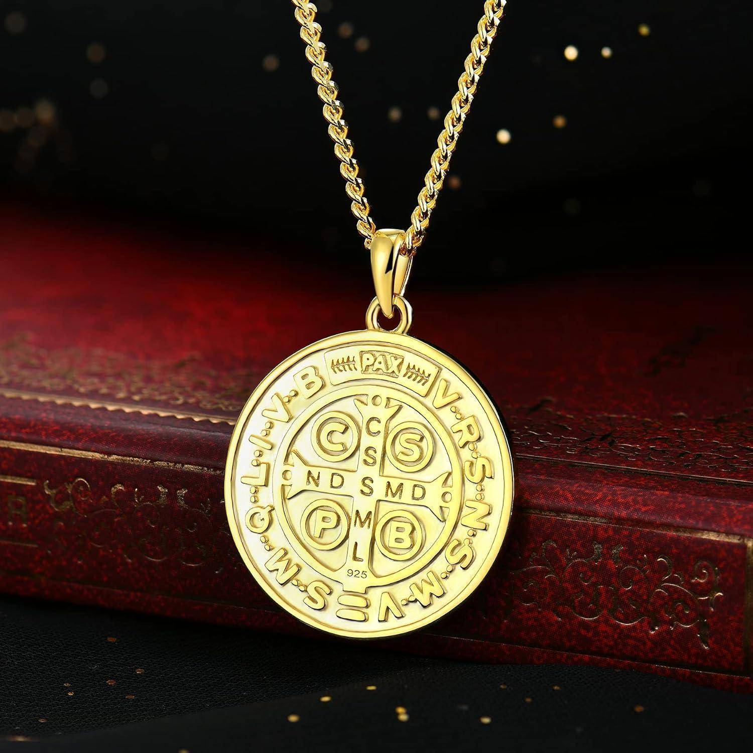 FJ Heiliger Benedikt Kette 925 Sterling Silber Heiliger Benedikt Anhänger Halskette Runde Münze Antiqued Religious Protector Talisman Kette für Her