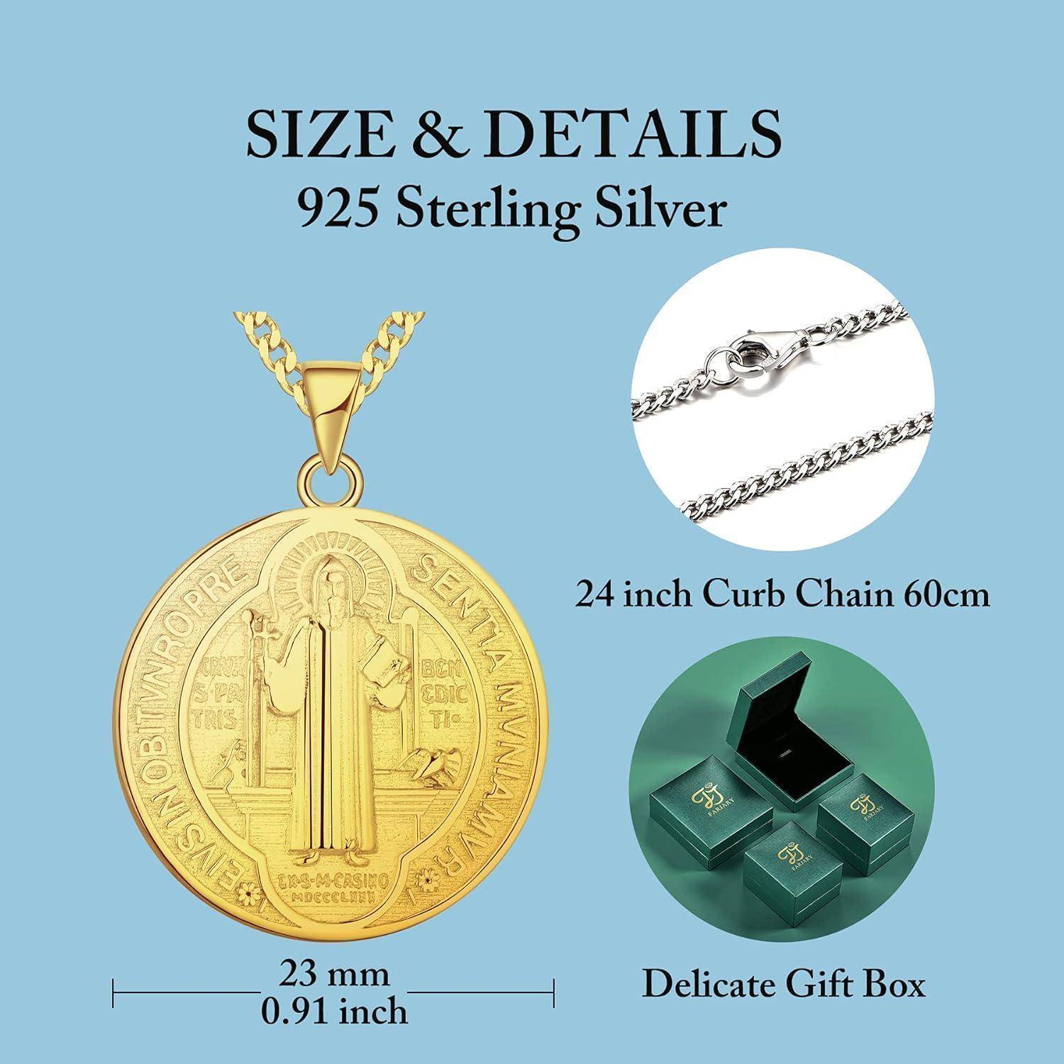 FJ Heiliger Benedikt Kette 925 Sterling Silber Heiliger Benedikt Anhänger Halskette Runde Münze Antiqued Religious Protector Talisman Kette für Her