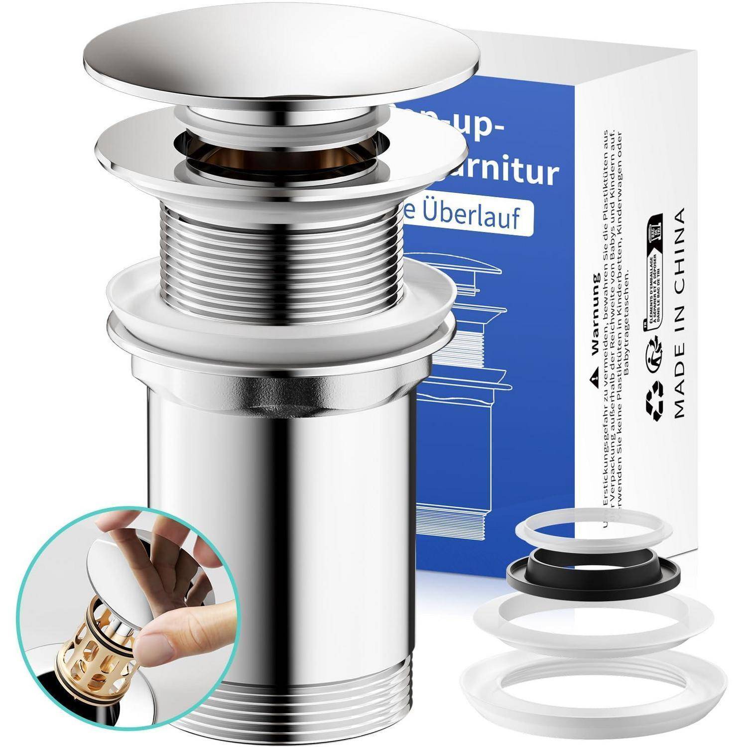 Verchromte Badezimmer-Waschbecken-Automatik-Ablauf mit Überlauf, gezeigt mit enthaltenen Ringen, Dichtung, Karton und einer Detailaufnahme einer Hand, die den Ablaufeinsatz installiert.