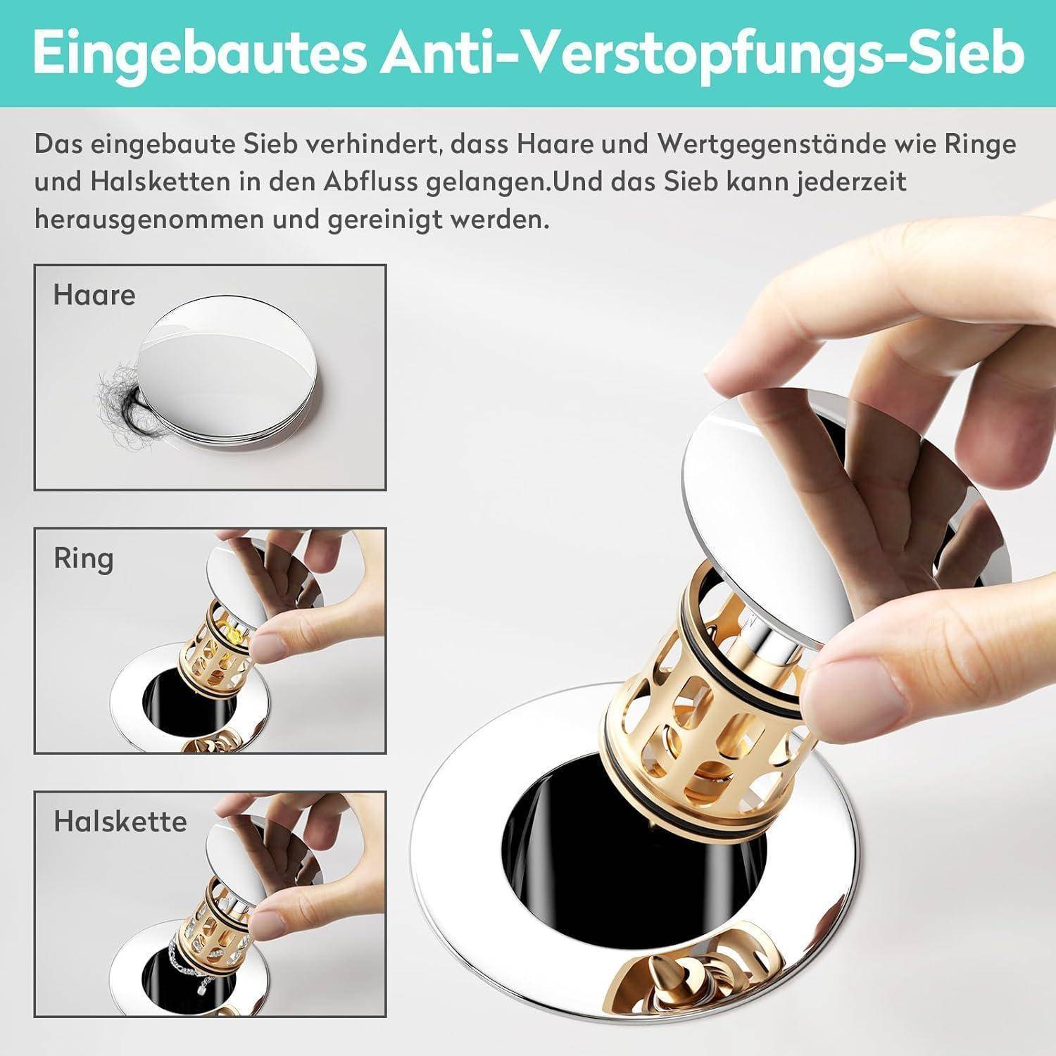 Illustration eines integrierten Anti-Verstopfungs-Spülsieb, das zur Reinigung entfernt wird, wobei zu sehen ist, wie es Haare, Ringe und Halsketten abfängt, bevor sie in den Abfluss gelangen.