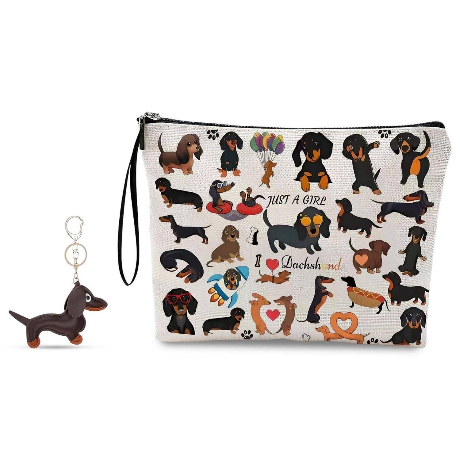 Weißes Reißverschluss-Täschchen mit vielen Dackel-Illustrationen und dem Text „JUST A GIRL I love Dachshund