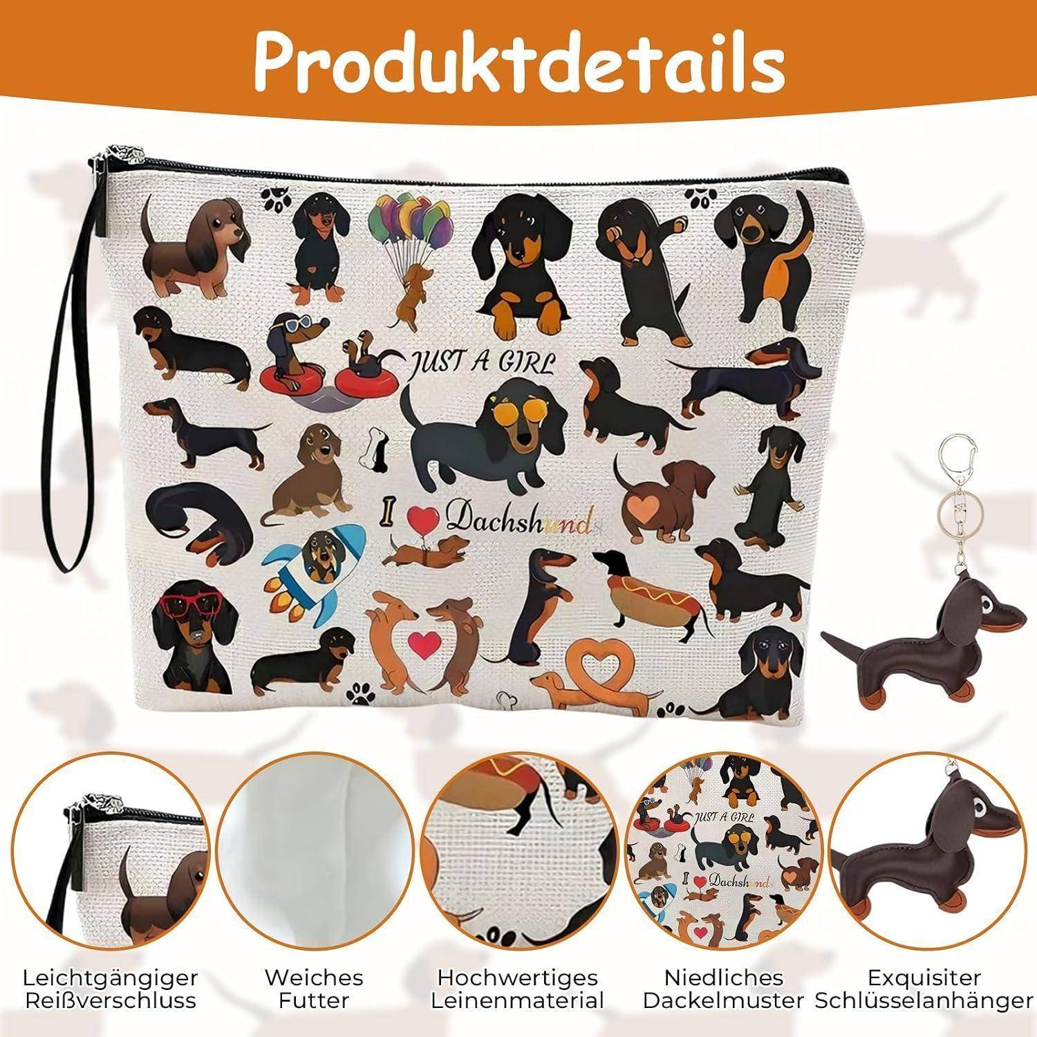 Produktdetails-Bild zeigt ein weißes Reißverschlussetui mit Dackel-Muster und Handschlaufe sowie passendem Hunde-Schlüsselanhänger, plus kreisförmige Nahaufnahmen, die Material, Reißverschluss, Druck und Schlüsselanhänger hervorheben.
