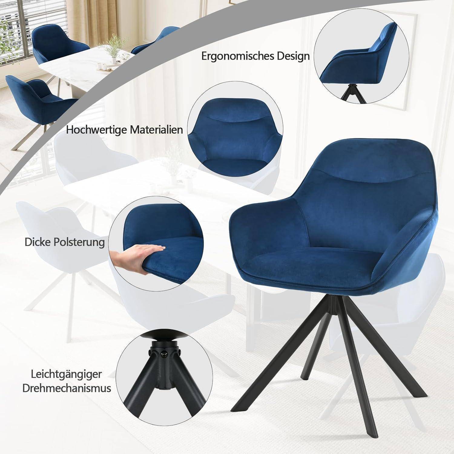 Aktionsbild eines blaugepolsterten Drehstuhls mit schwarzen Metallbeinen, das das ergonomische Design, hochwertige Materialien, dicke Polsterung und den leicht zu bedienenden Drehemechanismus hervorhebt.