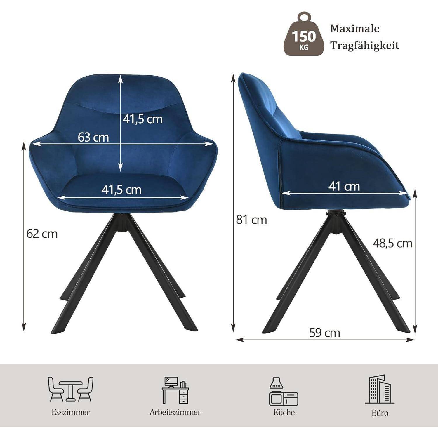 Blauer Polsterstuhl mit Vorder- und Seitenansicht, Abmessungen, maximale Belastung 150 kg und Symbole zur Nutzung in Esszimmer, Büro, Küche und Arbeitszimmer.