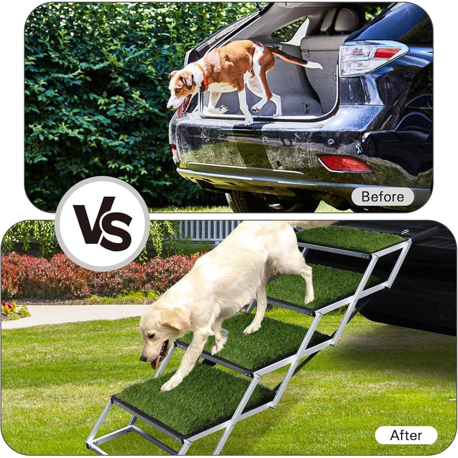 Hundetreppe Auto, Hunderampe Auto klappbar, rutschfeste Kunstrasen-Oberfläche, Einstiegshilfe Hund Auto für alle Fahrzeuge nutzbar, Höhenverstellba
