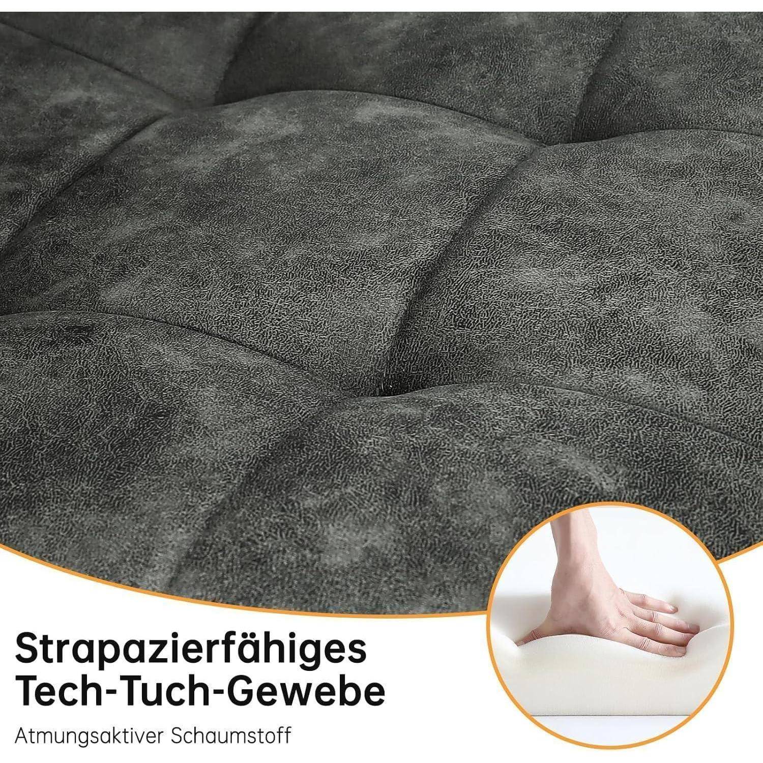 Nahaufnahme von dunkelgrauer gesteppter Polsterung mit deutschem Text, der „strapazierfähiges Tech-Tuch-Gewebe