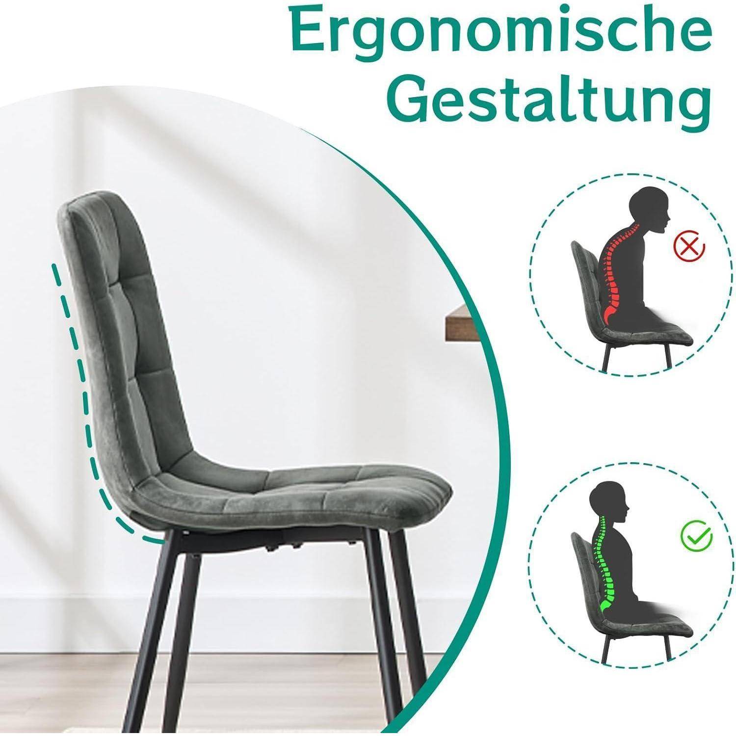 Ergonomisches Stuhldesign-Poster mit einem gepolsterten Stuhl und Seitendiagrammen, die eine schlechte Slouching-Haltung mit korrekter aufrechter Wirbelsäulenausrichtung vergleichen.