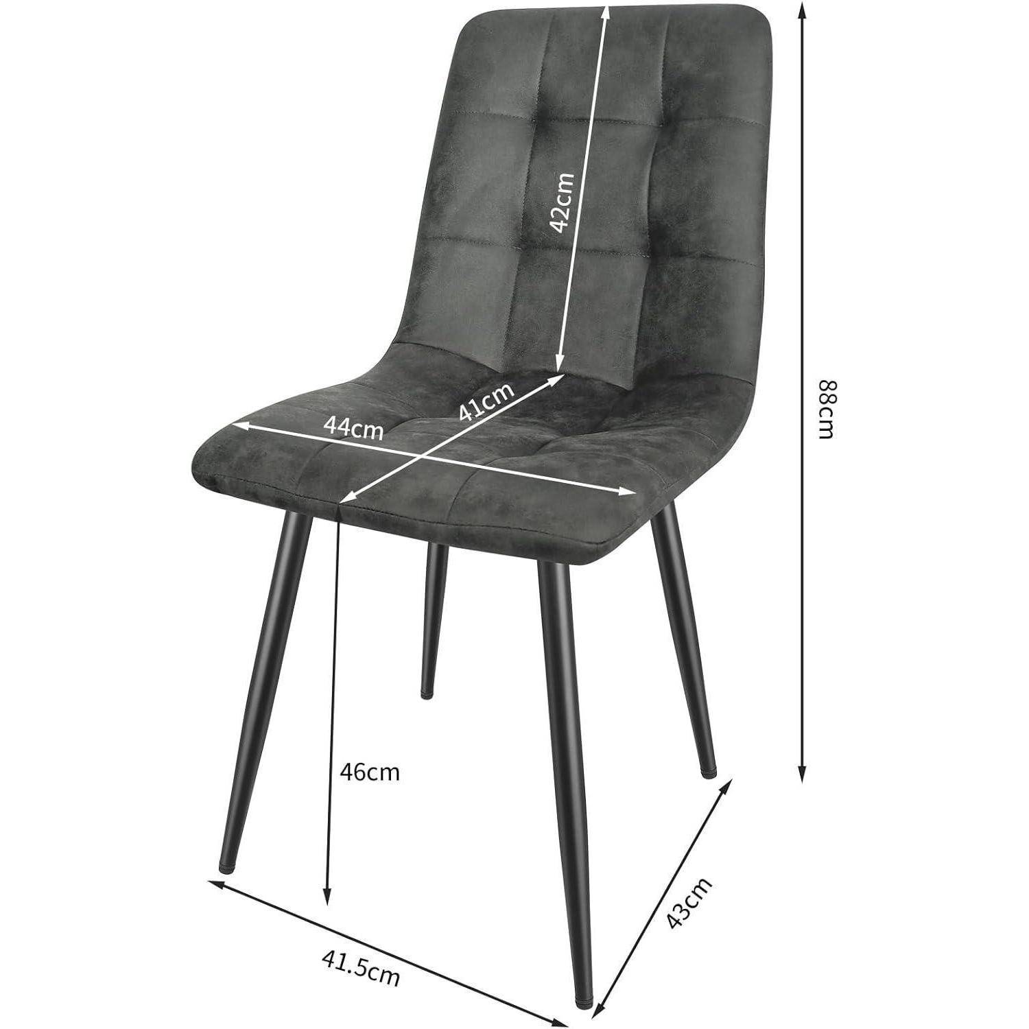 Dunkelgrauer gepolsterter Esszimmerstuhl mit schwarzen Beinen, gezeigt mit Abmessungen: 88 cm Höhe, 46 cm Sitzhöhe, 44 cm Breite, 41 cm Tiefe, 41,5 cm mal 43 cm Basis.