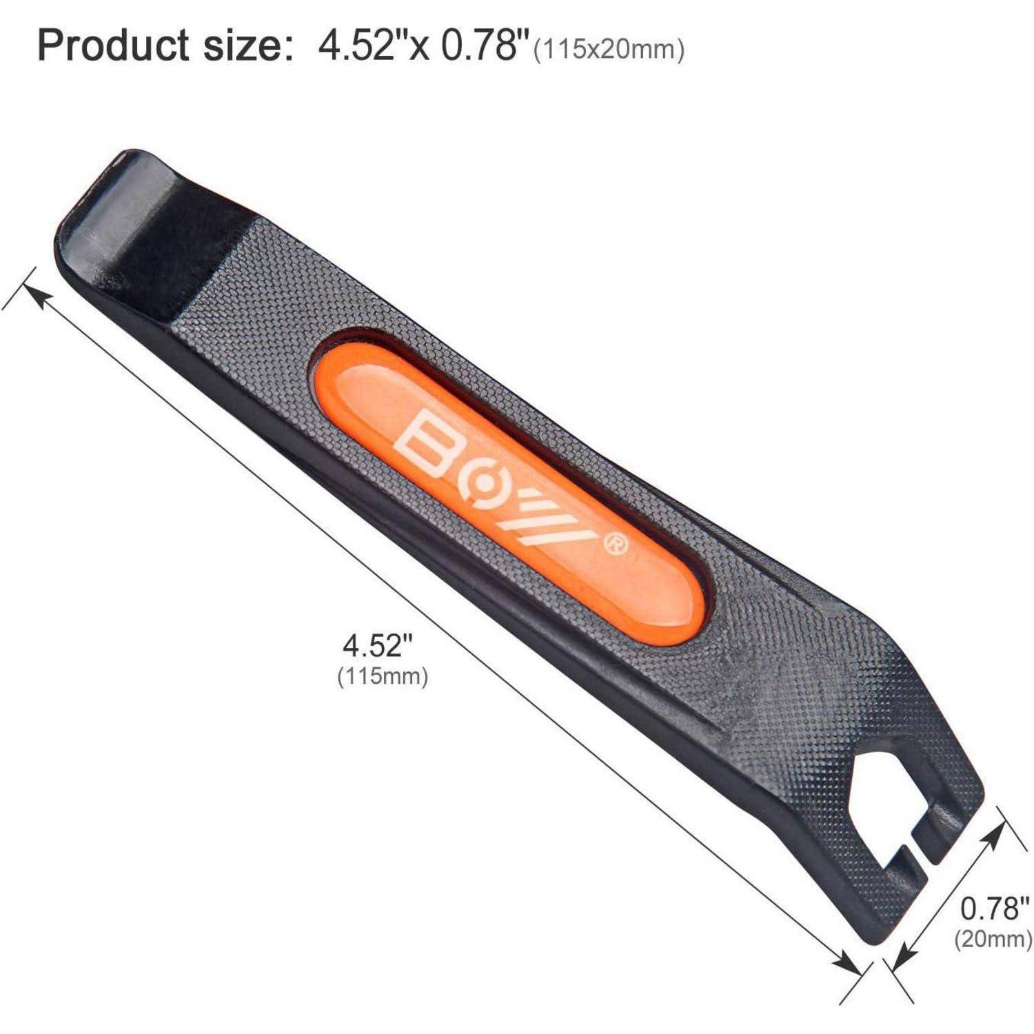 Größendiagramm eines schwarz-orangefarbigen Universalmessers mit den Maßen 4,52 Zoll mal 0,78 Zoll (115 x 20 mm).