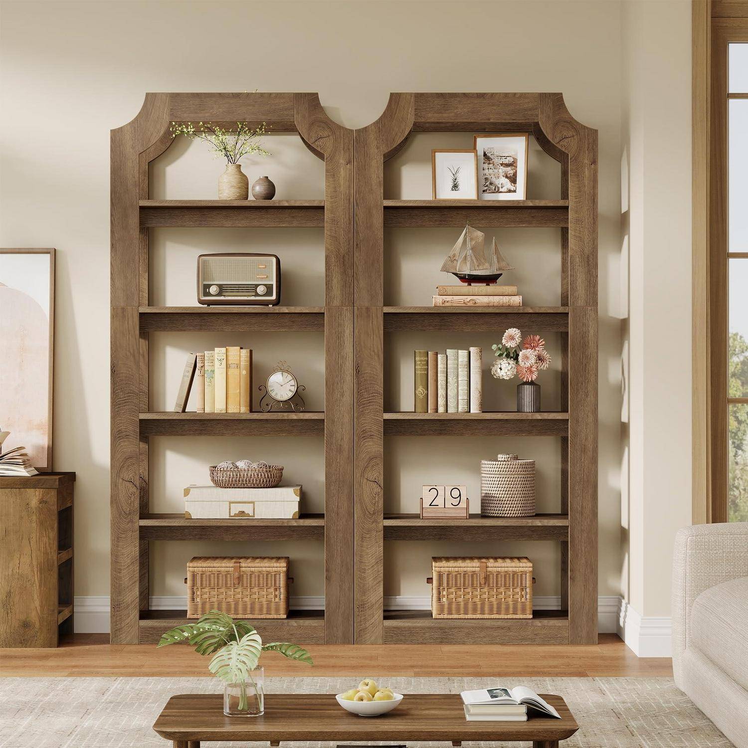 Tribesigns 2er-Set Bücherregal 178 cm, 5-stöckiges Standregal Landhausstil, je 80 cm breit, Vintage Holz-Optik, Bücherschrank für Wohnzimmer, Bür
