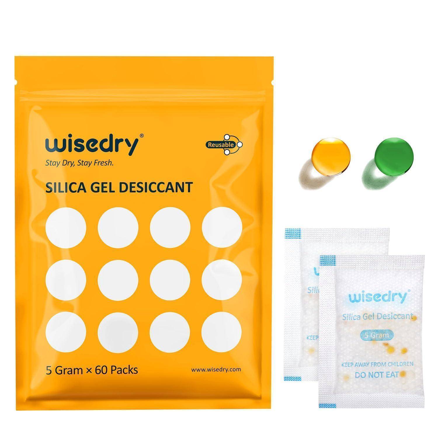 Wisery Silicagel-Trocknungsmittel-Verpackung mit einem großen orangefarbenen 5-Gramm-x-60-Packungen-Beutel, zwei farbigen Perlen und kleineren Beuteln.