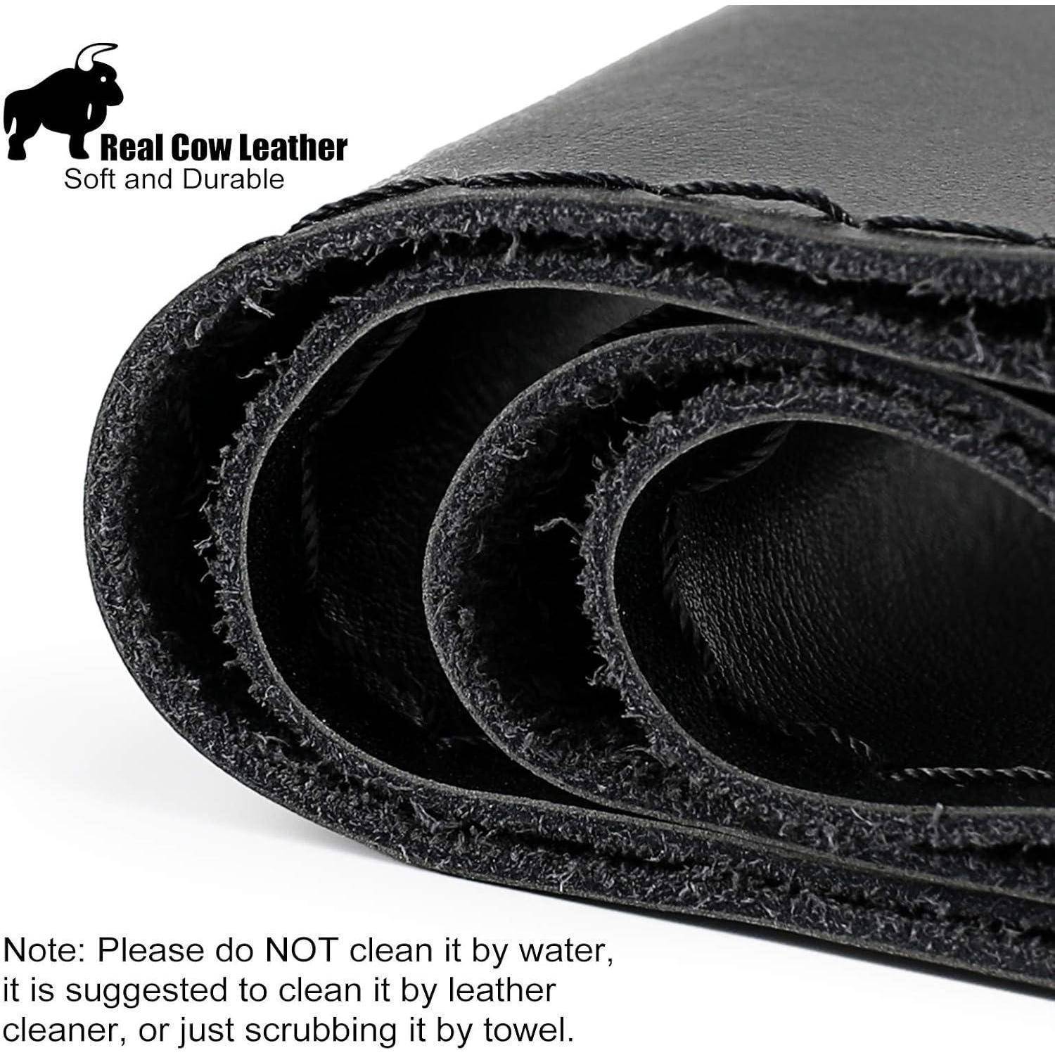 Gerolltes schwarzes echtes Rindleder mit Logo „Real Cow Leather Soft and Durable" und Warnhinweis, nicht mit Wasser zu reinigen, mit Empfehlung für Lederpflege oder Trockenreinigung mit Tuch.