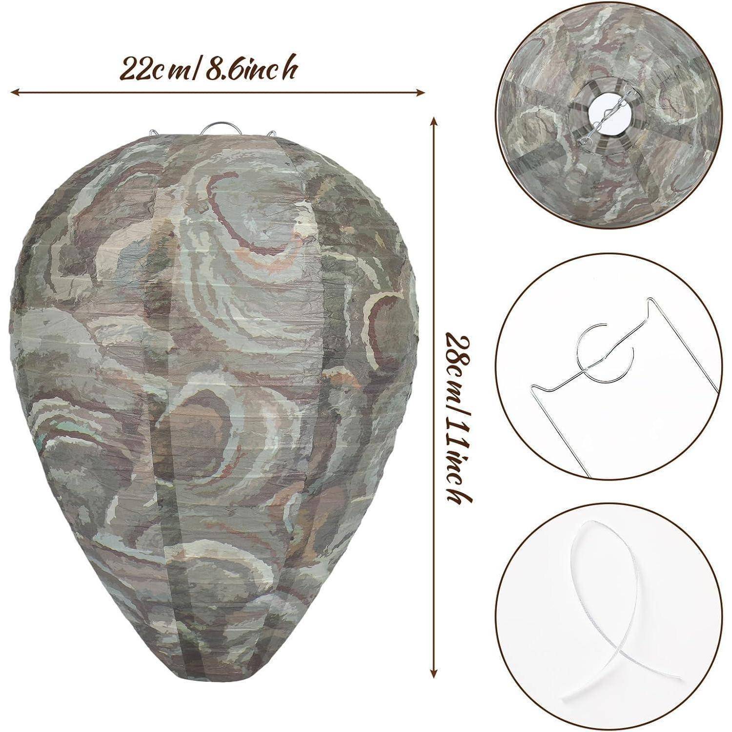 Runde dekorative Papierlaternen mit den Abmessungen 22 cm/8,6 Zoll Breite und 28 cm/11 Zoll Höhe, mit eingefügten Nahaufnahmen der Oberseite und gefalteten Details.