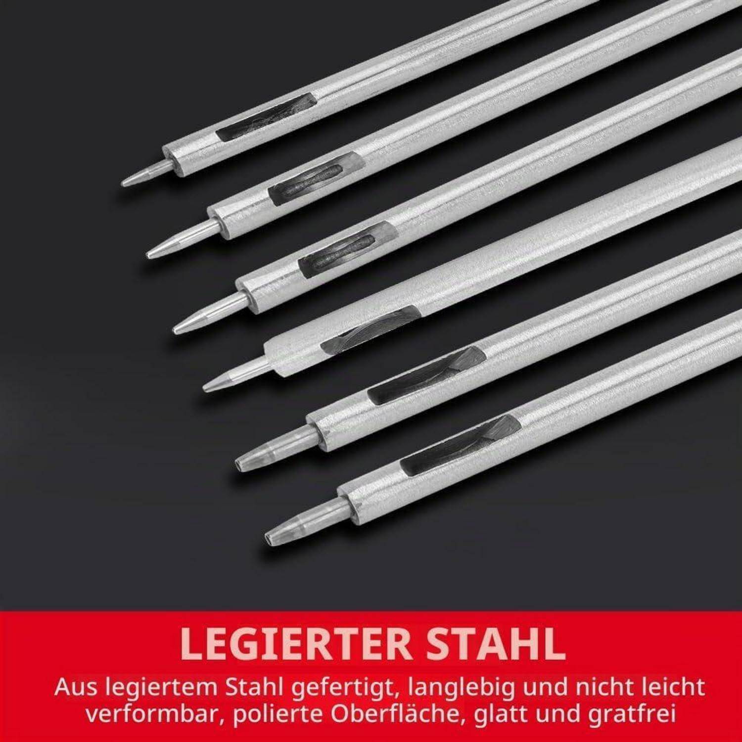 Fünf silberfarbene Metallstäbe mit spitzen Enden auf dunklem Hintergrund, darüber deutscher Text mit der Aufschrift „LEGIERTER STAHL" und einer Beschreibung von Legierungsstahl als langlebig, verformungsbeständig, poliert, glatt und gratfrei.
