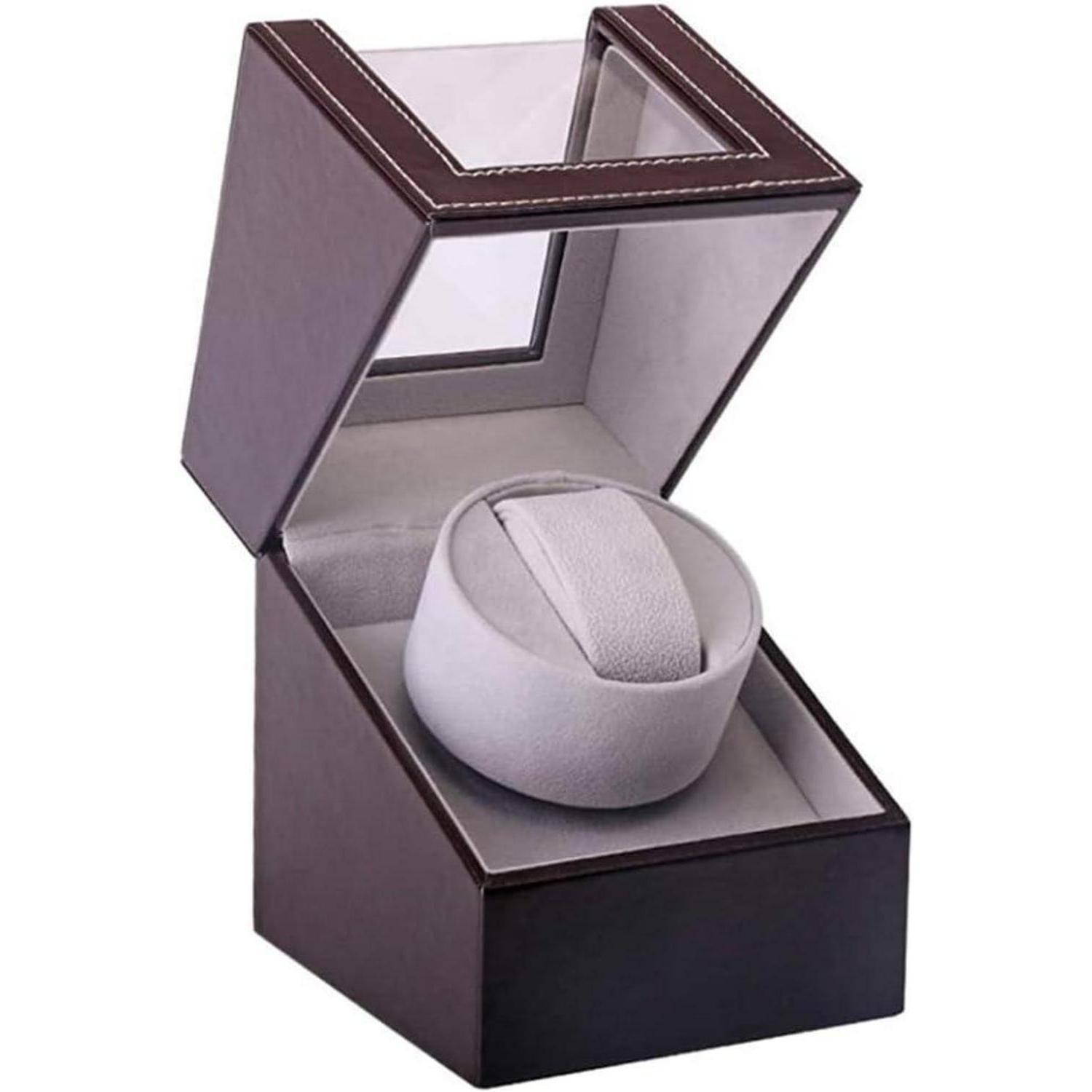 LINGFANSTORE Automatische Uhrenbeweger Box,luxuriöser Single Uhrenbeweger,Uhrengehäuse mit leisem Mabuchi Motor,Batteriebetrieb oder Netzteil PU Led