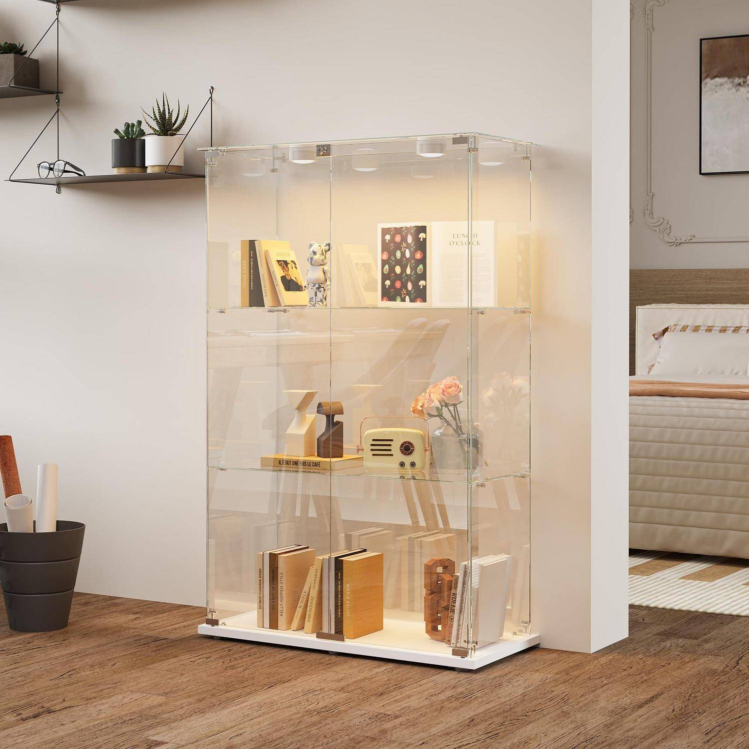 Glasvitrine Standvitrine mit LED, Glasvitrine Stehend mit 3 Lagen Glas, Vitrinenschrank 2 TüR & Schloss Vitrine Glasschrank für Wohnzimmer Büro Sam