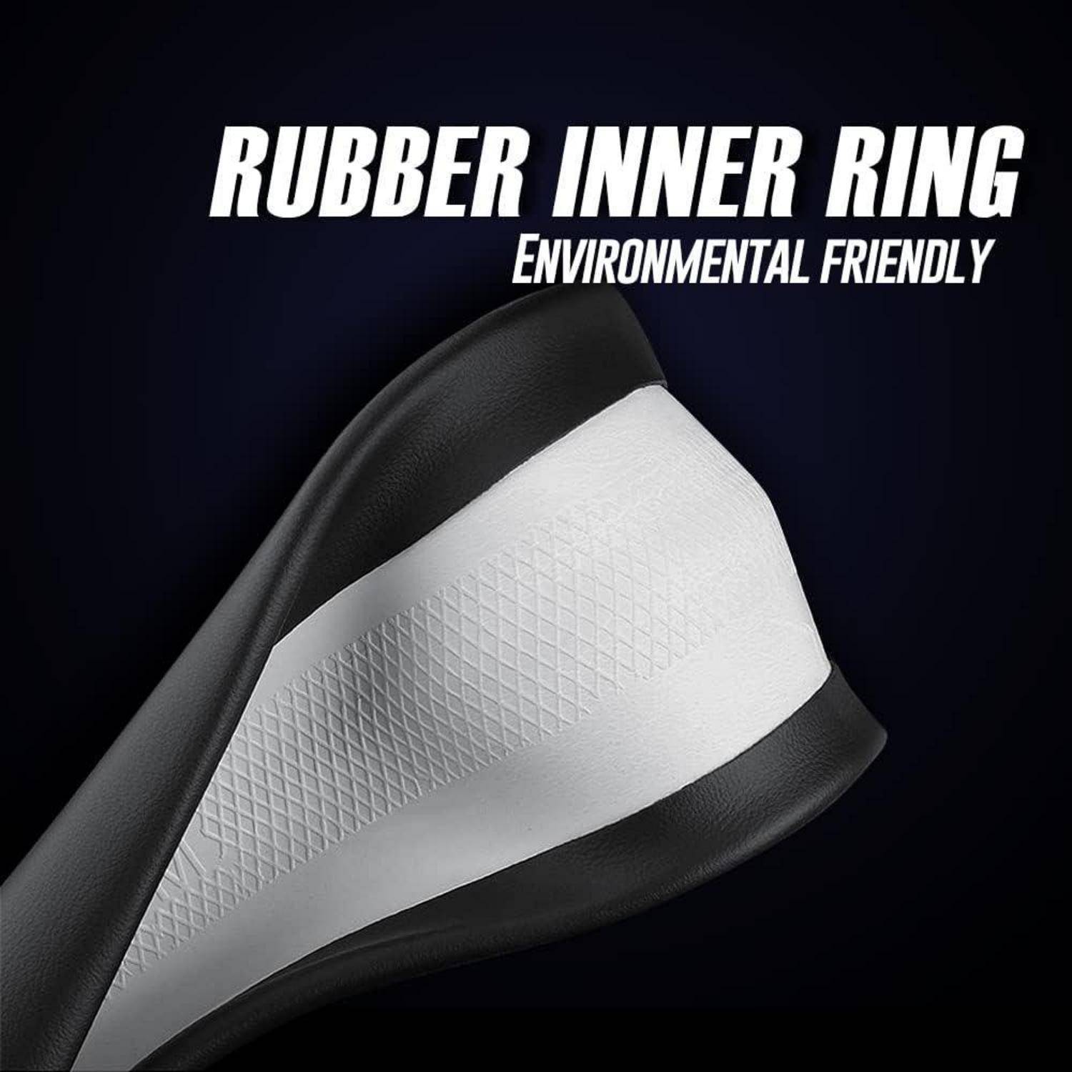 Nahaufnahme-Produktbild eines schwarz-weißen Gummi-Innenrings mit strukturierter Griffoberfläche, mit der Beschriftung „RUBBER INNER RING" und „ENVIRONMENTAL FRIENDLY"".