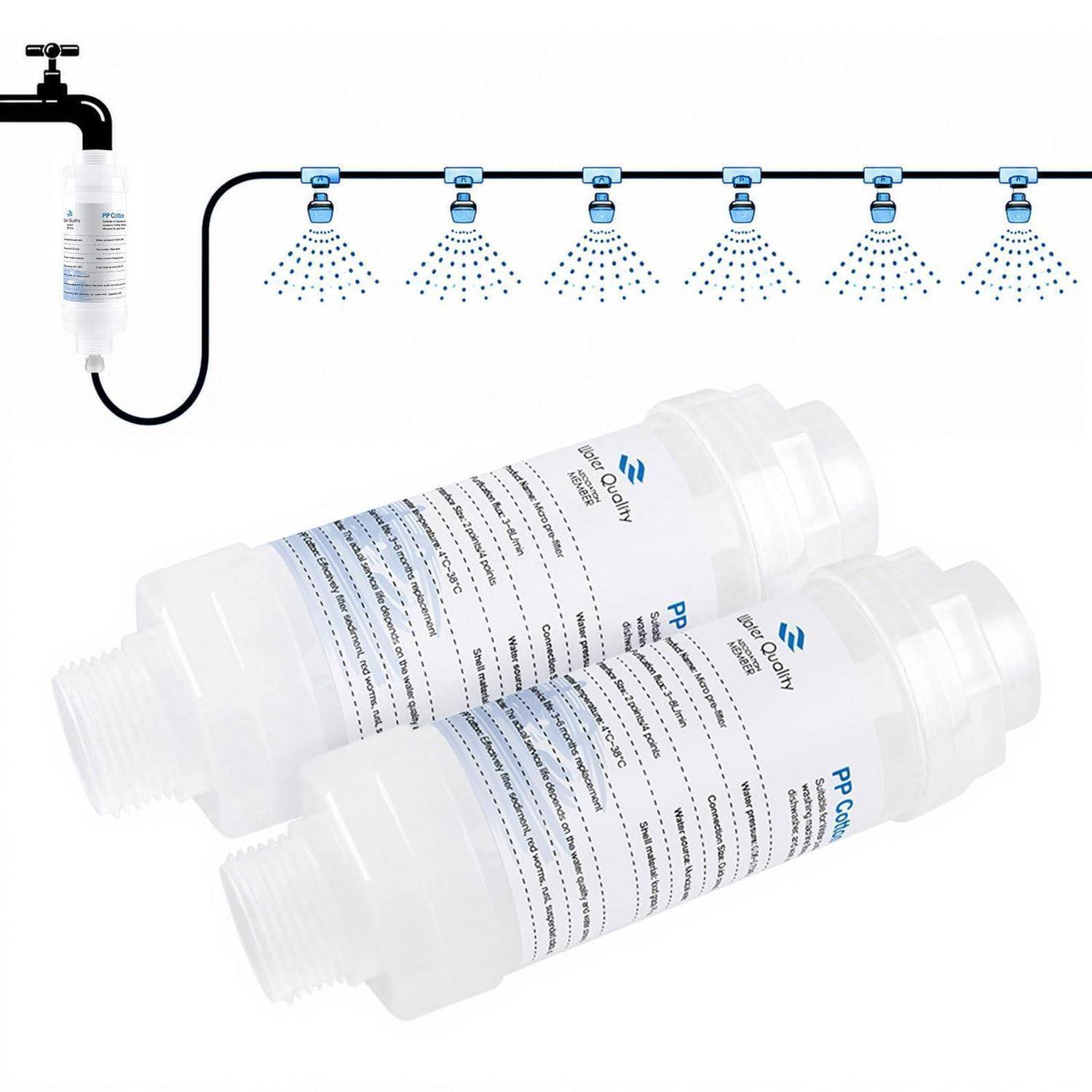 Wasserfiltrationsanlage mit einem am Wasserhahn angebrachten Filter, der einen Sprühverteiler speist, plus zwei Ersatzfilterpatronen mit den Bezeichnungen PP und RO auf weißem Hintergrund.