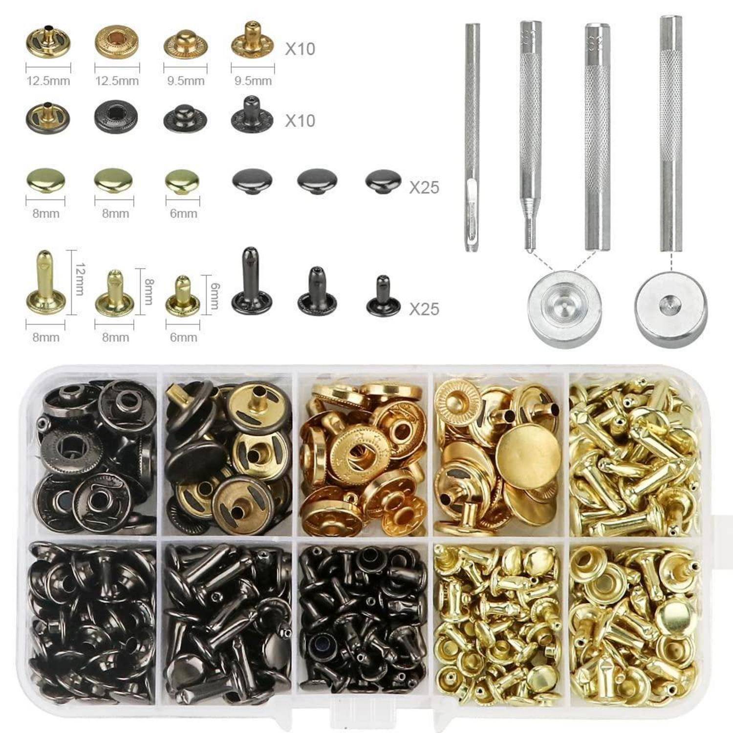 Hardware-Befestigungssatz mit sortierten Druckknöpfen, Nieten und Einstellwerkzeugen in Gold, Schwarz und Silber, nach Größe sortiert.