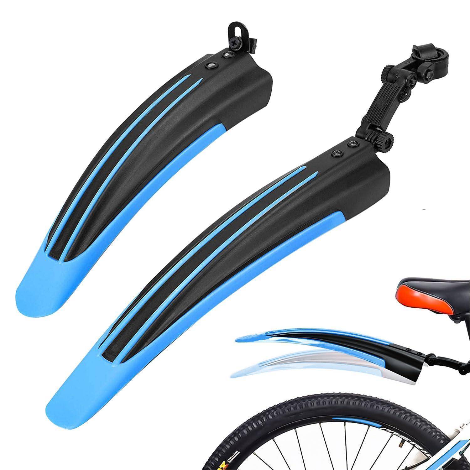 Schwarze und blaue Schutzbleche für Fahrräder, gezeigt in mehreren Ansichten, einschließlich Vorder- und Hinterradmontagen, mit einem Radbeispiel für Passform und Abdeckung.