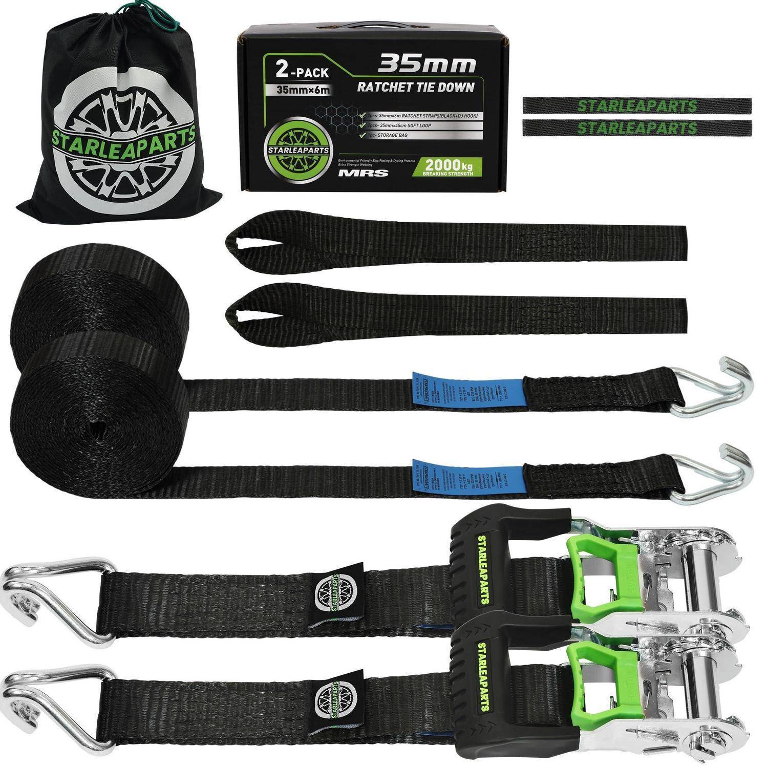 Produktfoto eines Starleaparts 2er-Pack 35-mm-Ratschengurt-Set, mit Gurten, Haken, Ratschenmechanismen, Verpackungskarton und Aufbewahrungstasche.