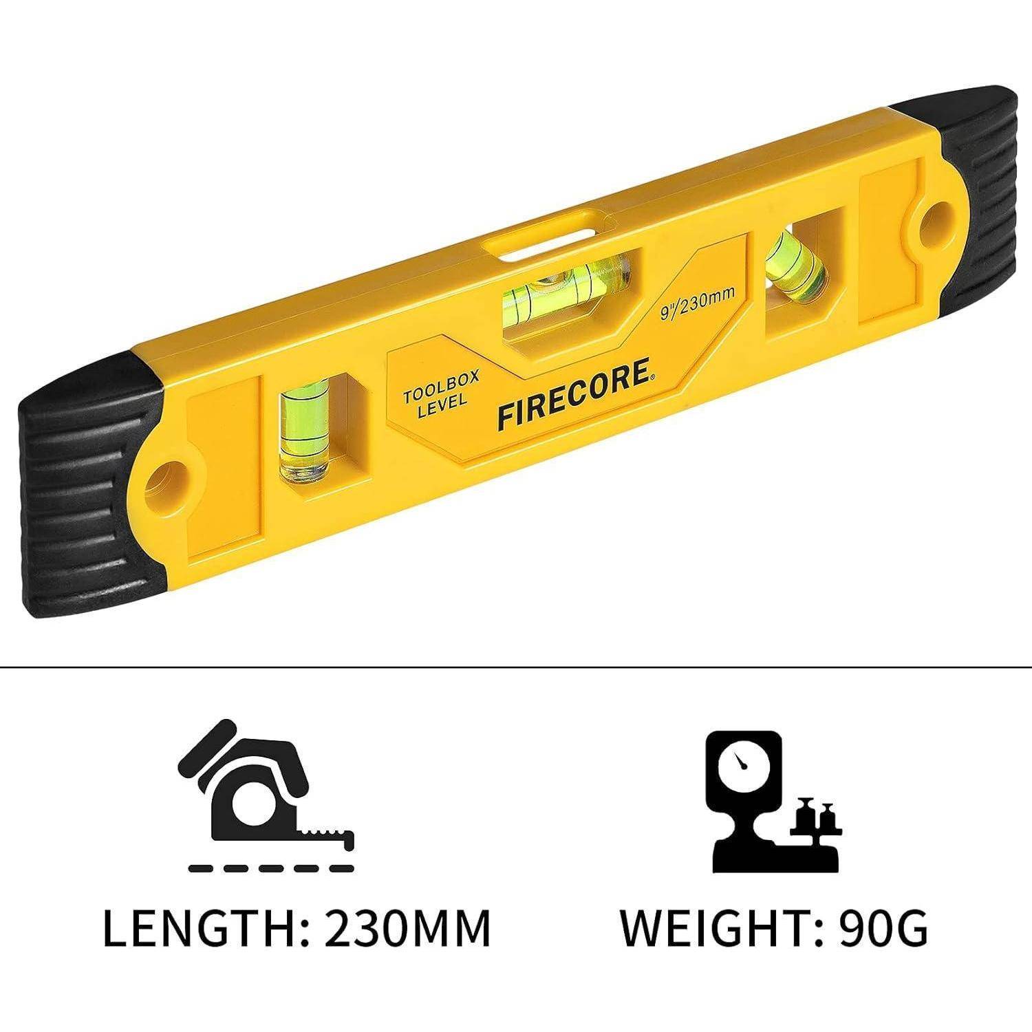 Gelbe FIRECORE Wasserwaage, 230 mm lang und 90 g schwer, oben mit Symbolen dargestellt, die ihre Länge und sein Gewicht hervorheben.