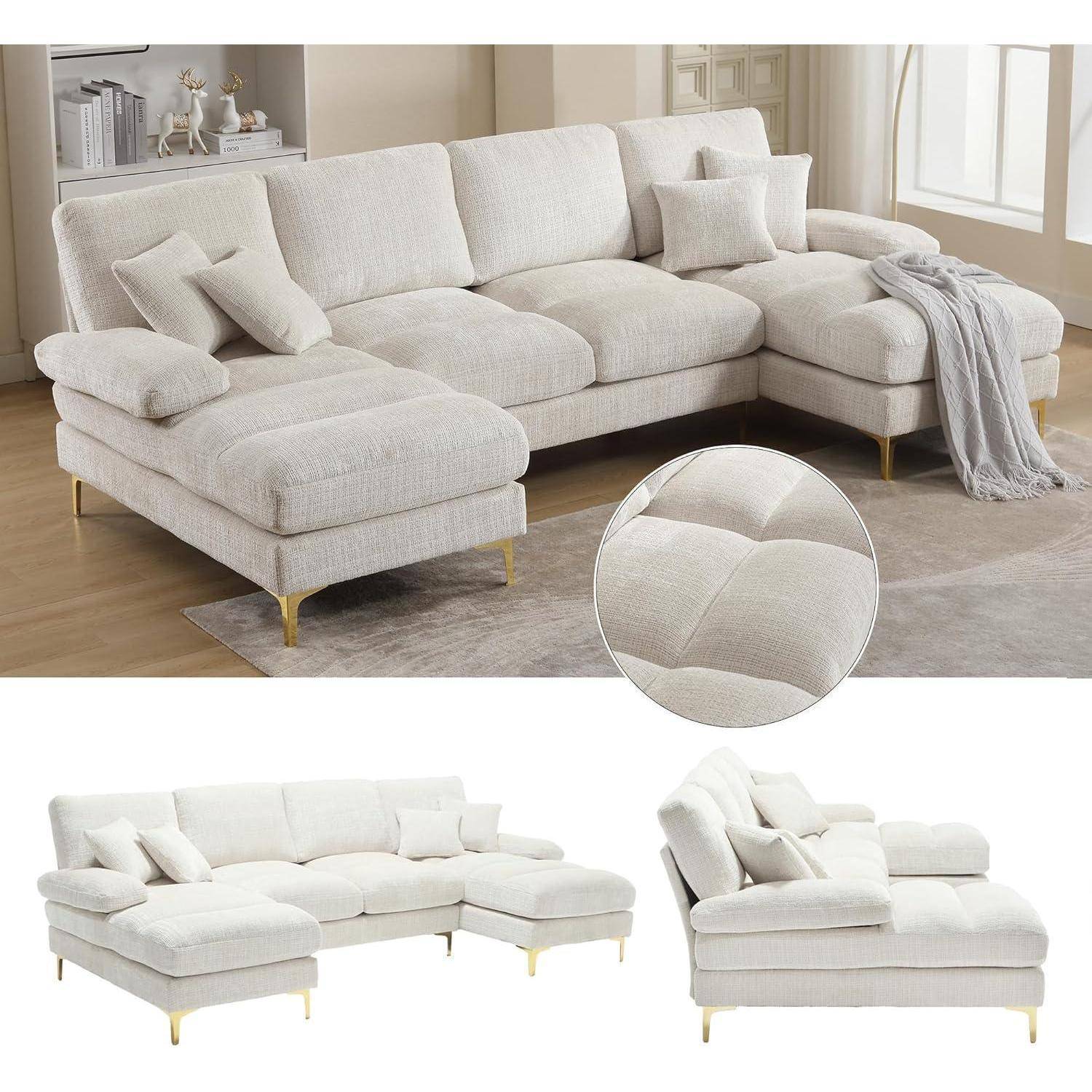 Hellbeige L-förmiges Sectional-Sofa mit Chaiselongue, passende Dekokissen und goldfarbene Beine in einem Wohnzimmer gezeigt, plus Nahaufnahme und alternative Ansichten.