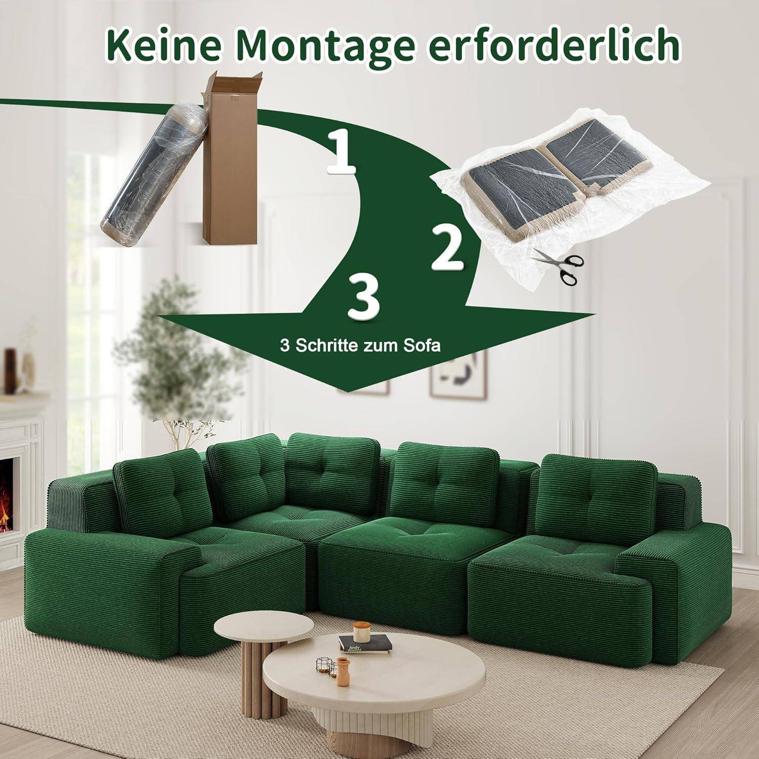 Sofa Modulares Ecksofa mit Ottoman – Kein Aufbau Nötig, Tiefe Sitzfläche, Bequemes Cord-Sofa für Wohnzimmer, Apartment, Büro Grün 3C+1O
