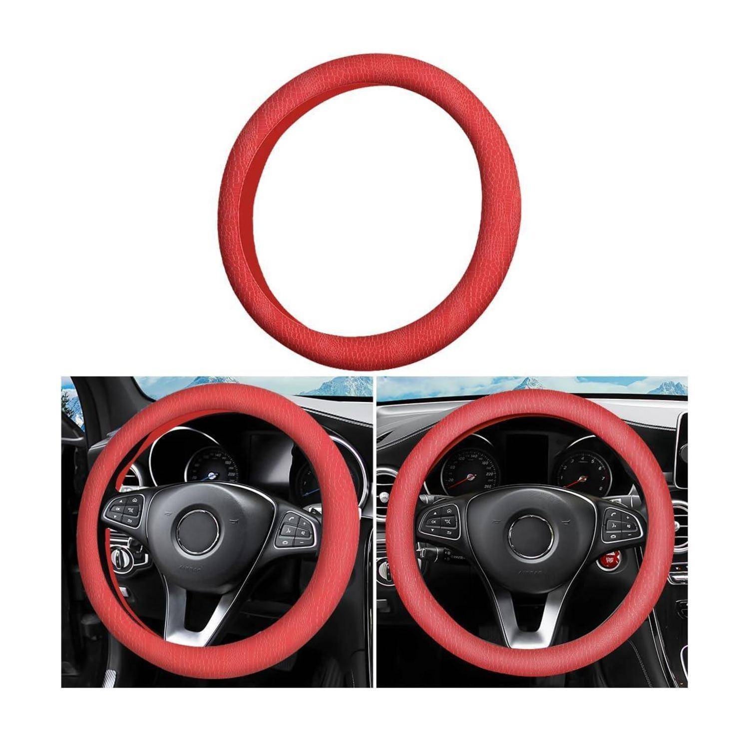 Roter Lenkradabdeckung, allein gezeigt und auf einem Lenkrad eines Autos in zwei Innenraumansichten installiert.