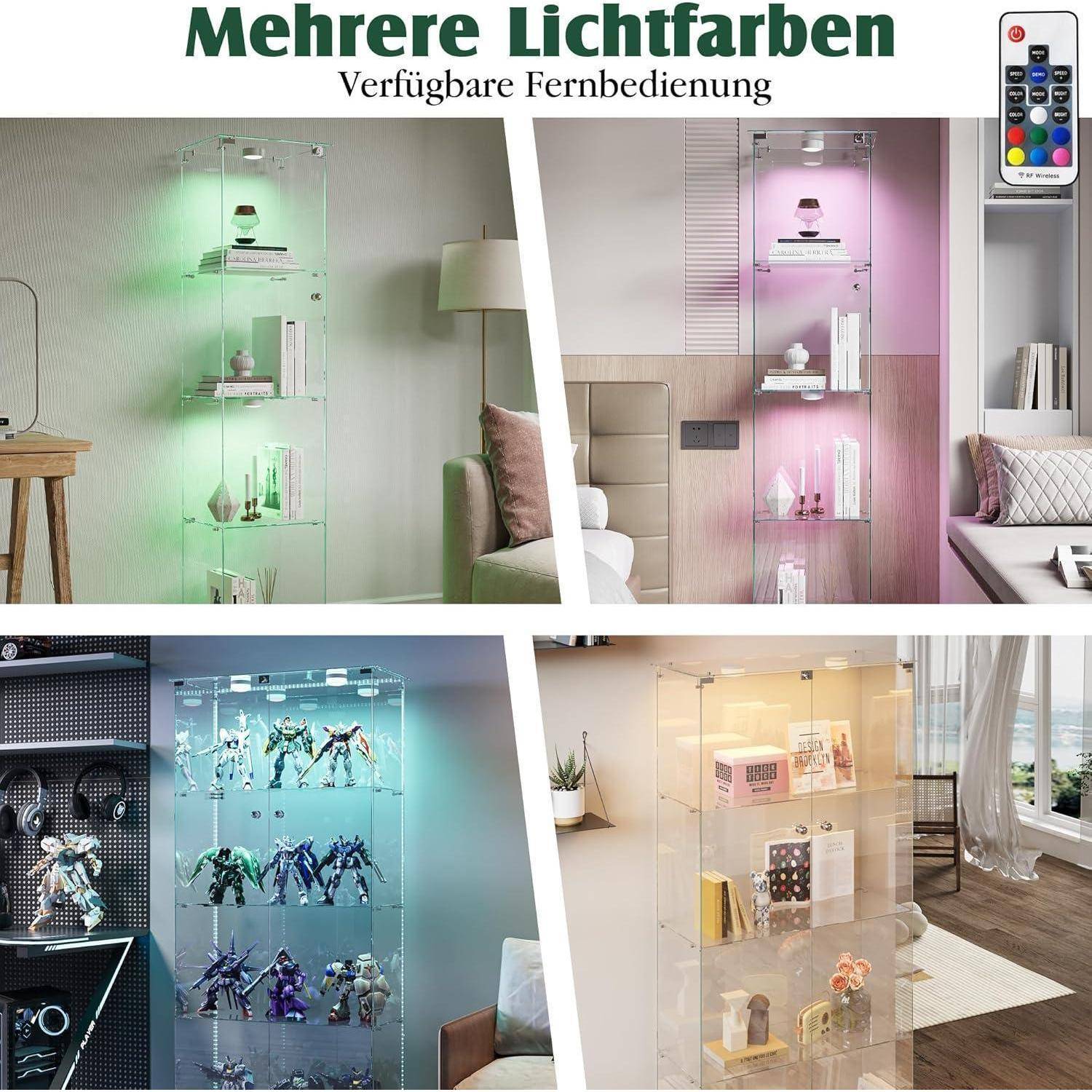 Werbebild eines Glasetalagerungsschranks mit einstellbarer Beleuchtung, die in mehreren Farben angezeigt wird, darunter Grün, Rosa, Blau und Warmweiß, mit einer Fernbedienung.