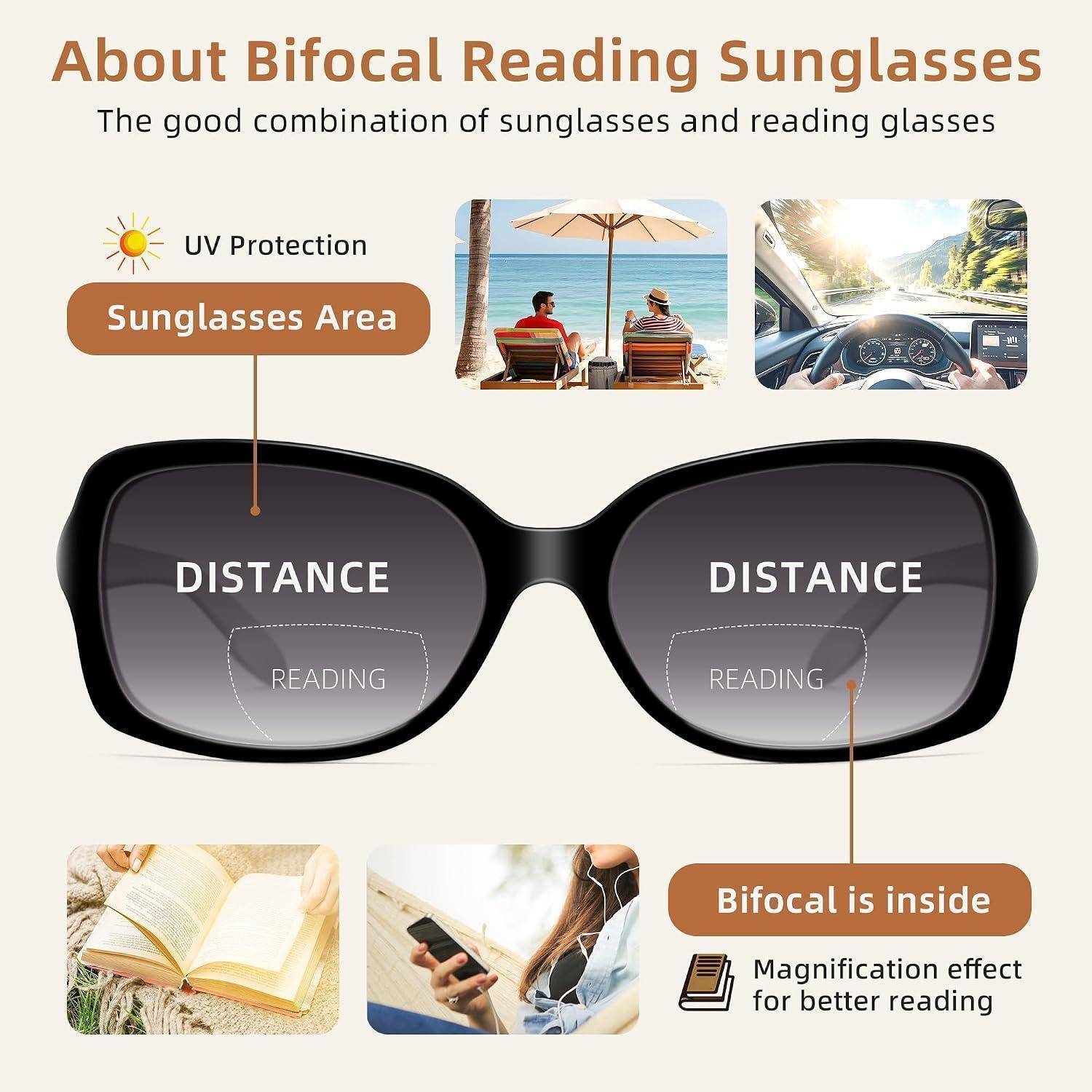JM Klassische Bifokale Sonnenbrille Lesebrille Quadratischer Stilvoller Farbverlauf Sonnenbrillen-Leser für Frauen Schwarz+schildkröte 1.0 x