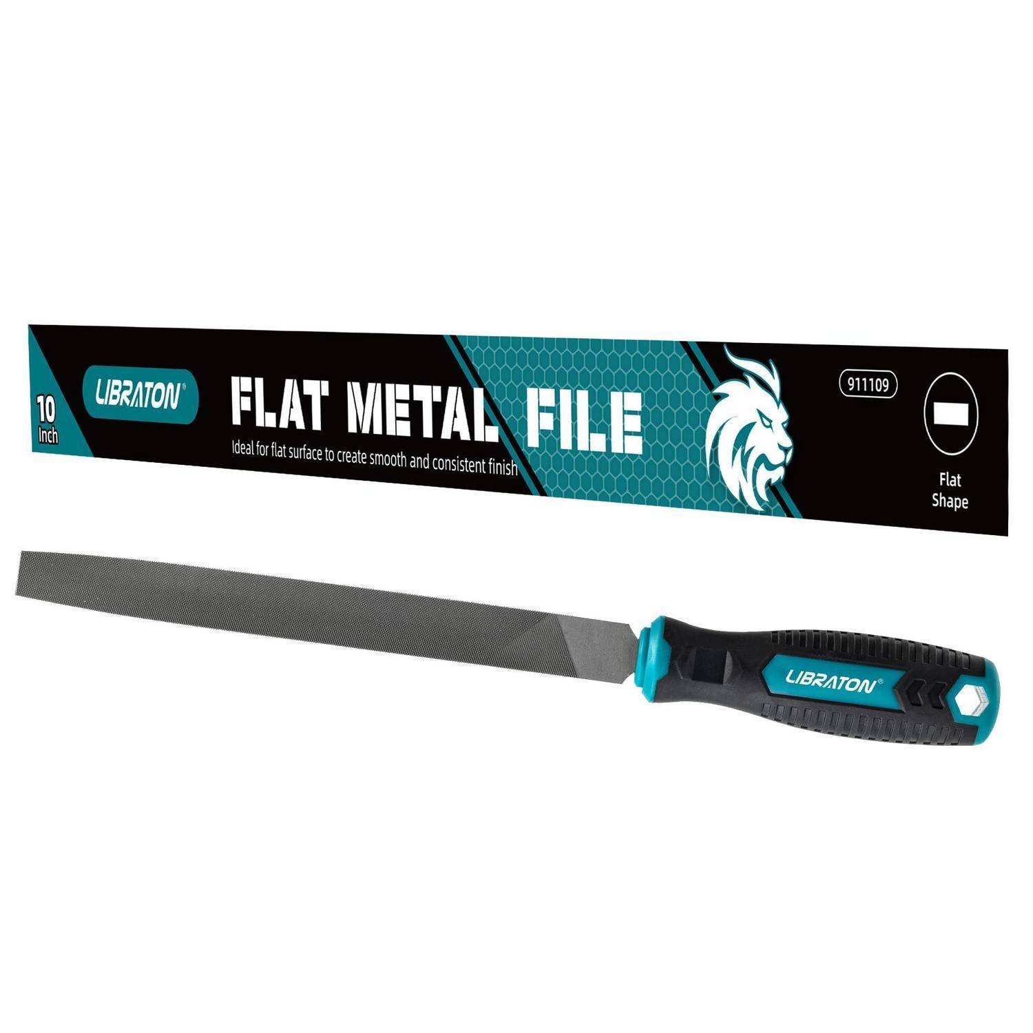 Produktbild einer Libration 10-Zoll-Flachfeile aus Metall mit schwarzem und blaugrünem Griff und passender Verpackung mit der Beschriftung „FLAT METAL FILE