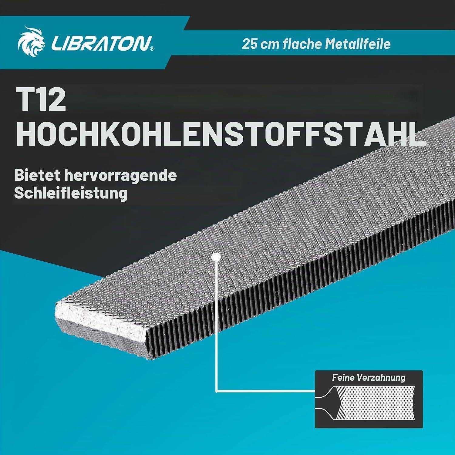 Produktverpackung für eine LIBRATON 25 cm Flachfeile aus Metall, gekennzeichnet mit „T12 Hochkohlenstoffstahl" und „hervorragende Schleifleistung"", mit einer Nahaufnahme des feinen Zahnmusters.