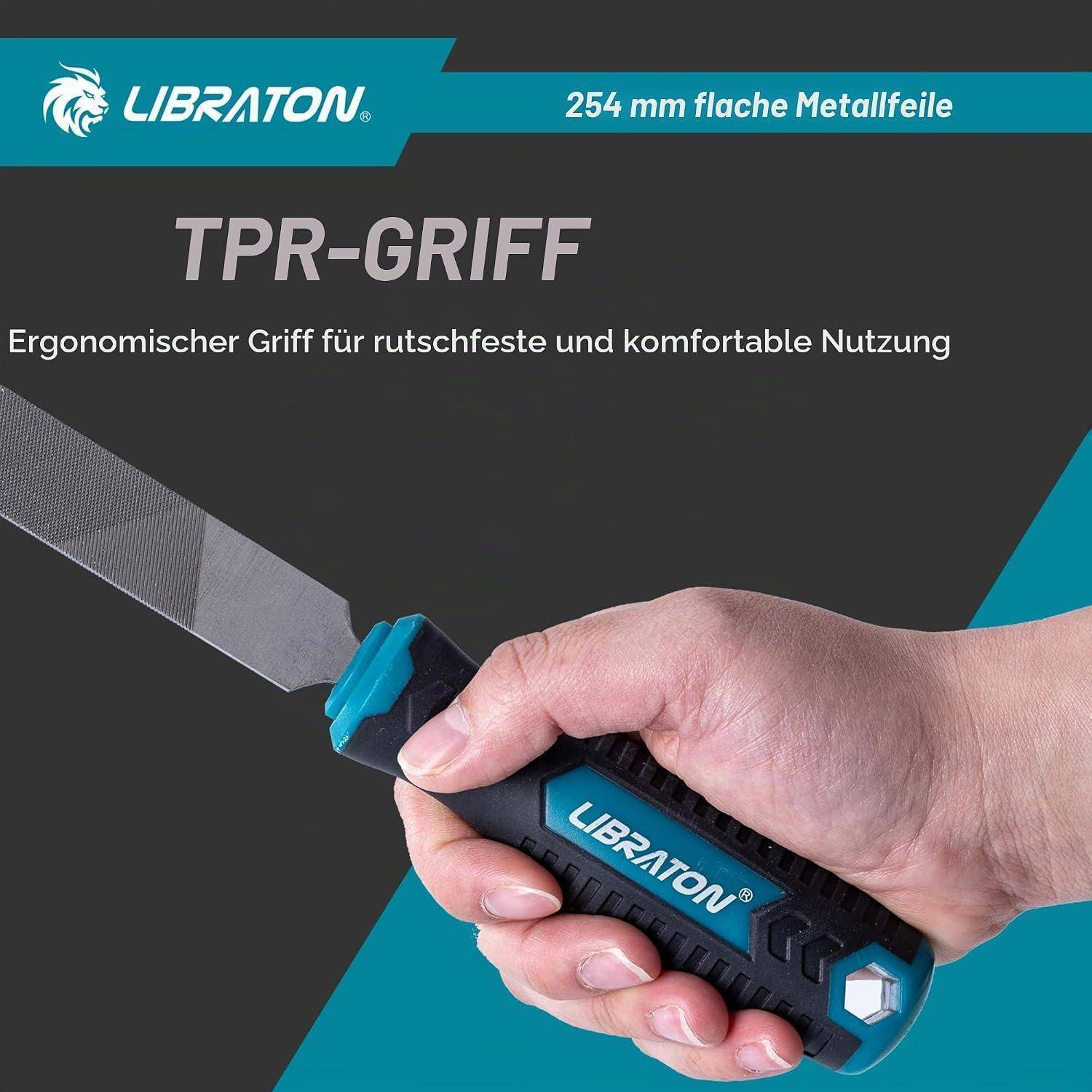 Produktanzeige mit einer Hand, die einen LIBRATON TPR-Griff an einer 254 mm flachen Metallfeile greift, mit der Beschriftung „Ergonomischer Griff für rutschfeste und komfortable Nutzung".
