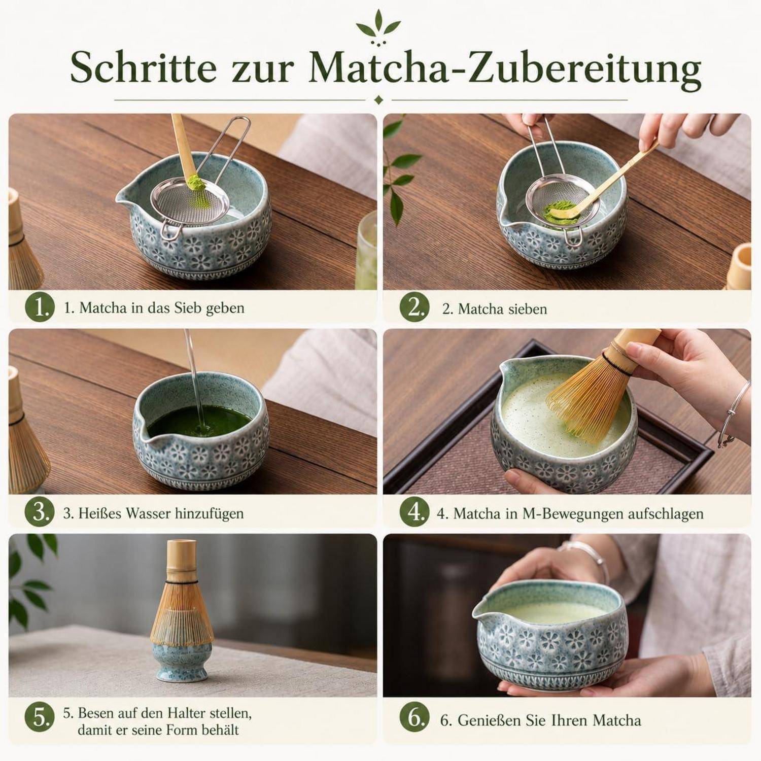 Sechsstufiger deutscher Leitfaden zur Zubereitung von Matcha: Pulver sieben, heißes Wasser hinzufügen, in M-Bewegungen aufschlagen, dann servieren und genießen.