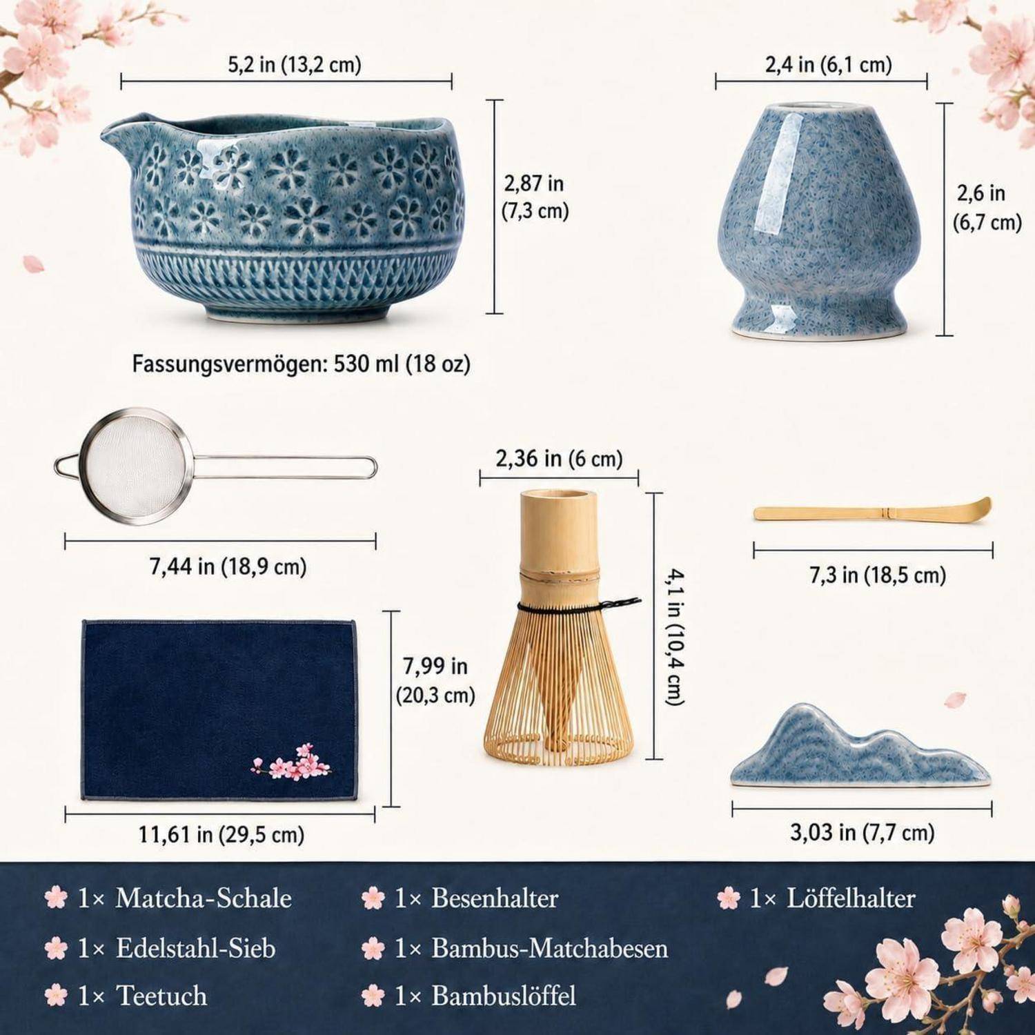 Illustriertes Matcha-Tee-Set mit beschrifteten Abmessungen: Schale 530 ml, Teebesen, Besenhälter, Sieb, Teelöffel, Bambusbesen, Bambuslöffel und Teematte.