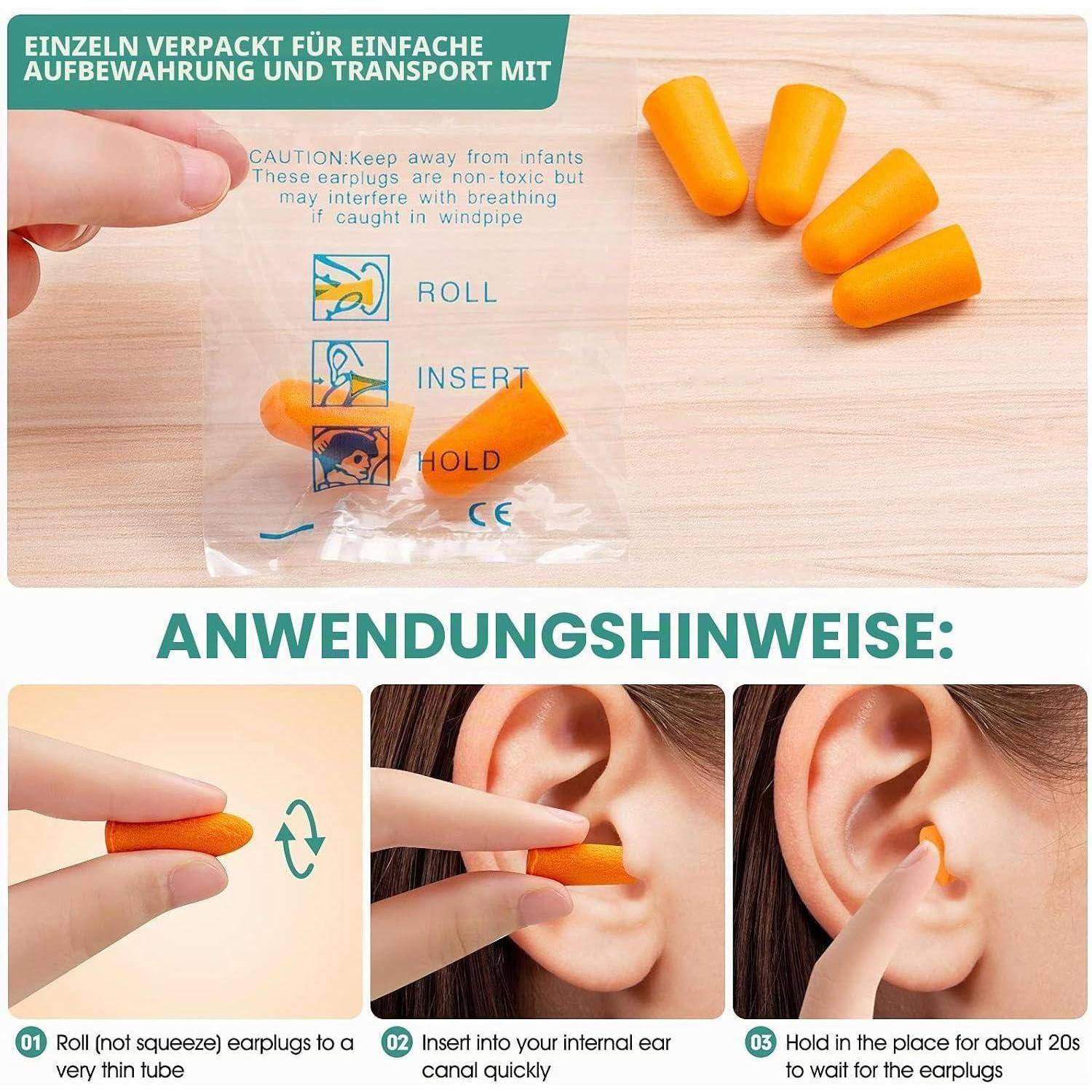 Anleitung mit Grafik, die orangefarbene Schaumstoff-Ohrstöpsel zeigt: rollen, in den Gehörgang einführen und halten, bis sie sich ausdehnen und sitzen.