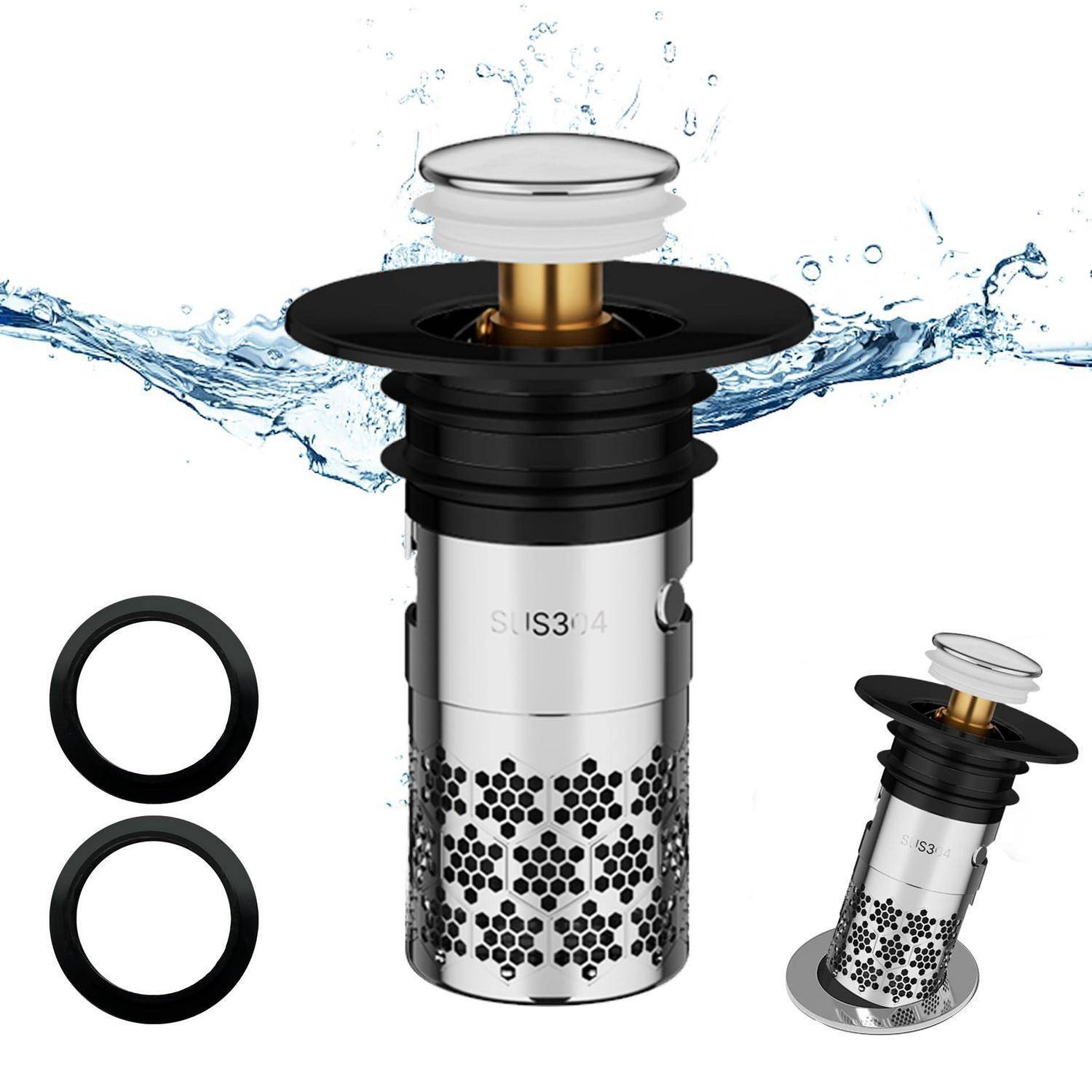 Edelstahl-Spülbeckensieb mit Pop-up-Stöpsel und zwei schwarzen Dichtungsringen, dargestellt mit Wasserspritzer und einer kleineren Produktansicht aus schrägem Winkel.