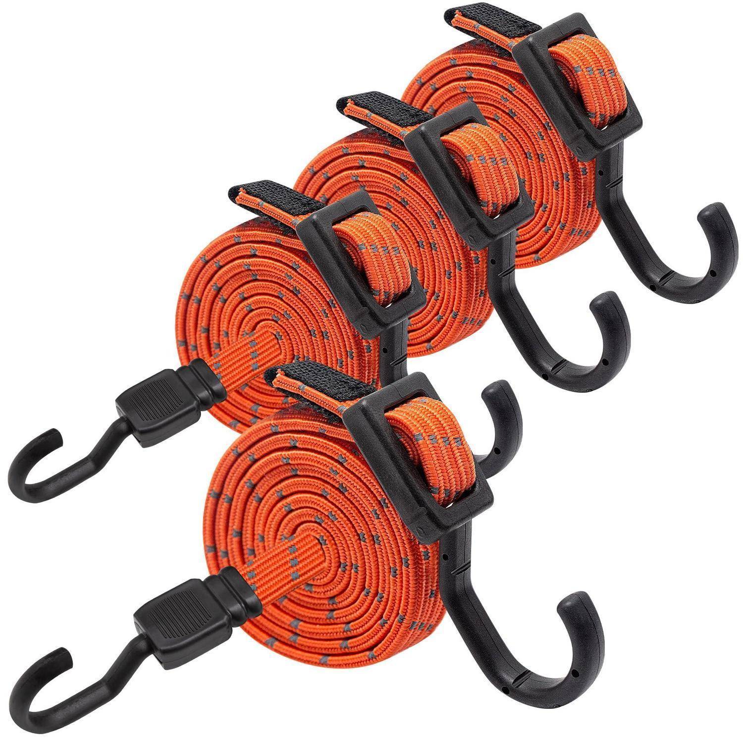 Vier orangefarbene Bungee-Seile mit schwarzen Haken, in zwei Reihen angeordnet und jeweils mit einem schwarzen Kunststoffclip gesichert.