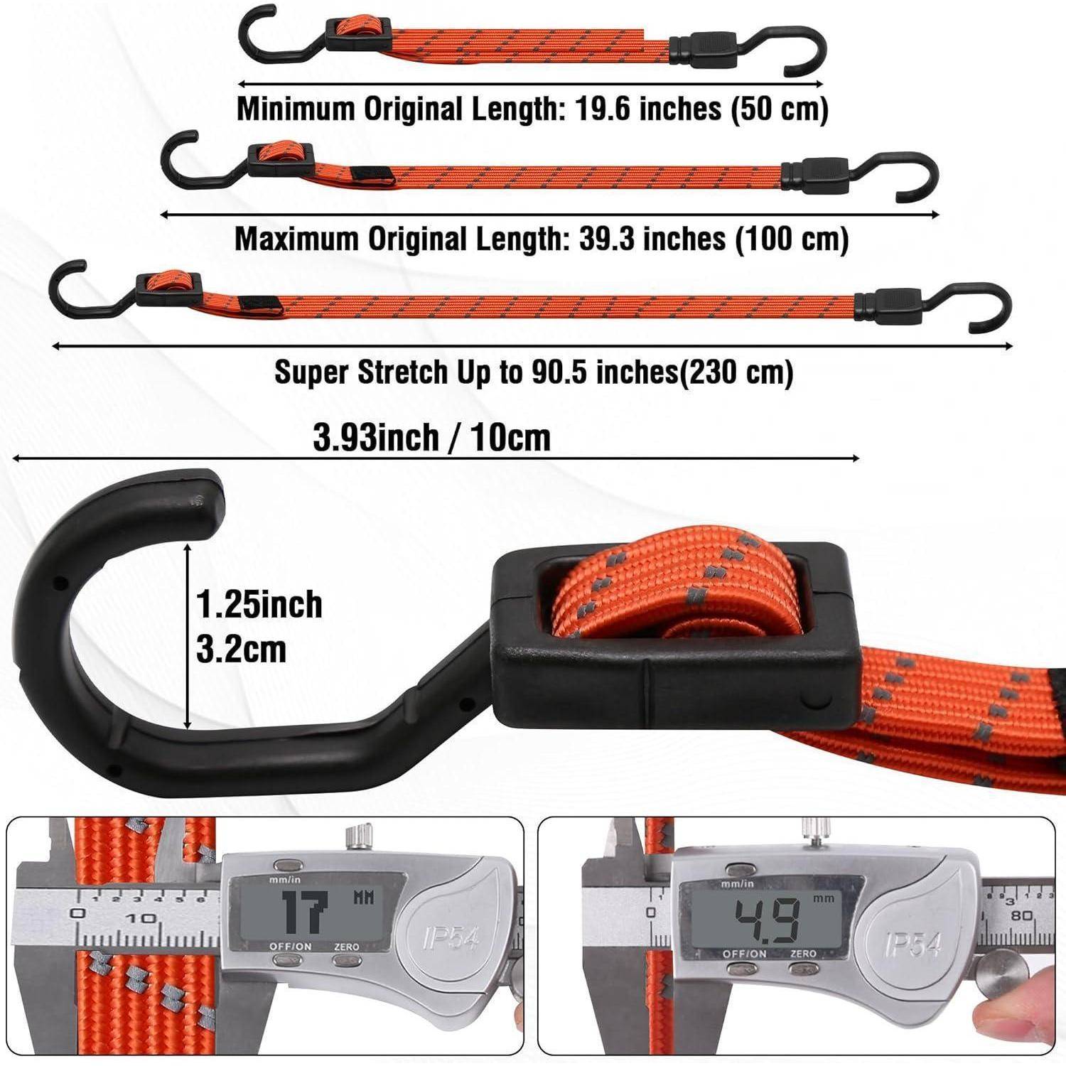 Illustration eines orangefarbenen Ratschengurts mit Metallhaken, der eine verstellbare Länge von 19,6 Zoll bis 90,5 Zoll zeigt, plus Messungen der Haken- und Gurtbreite.