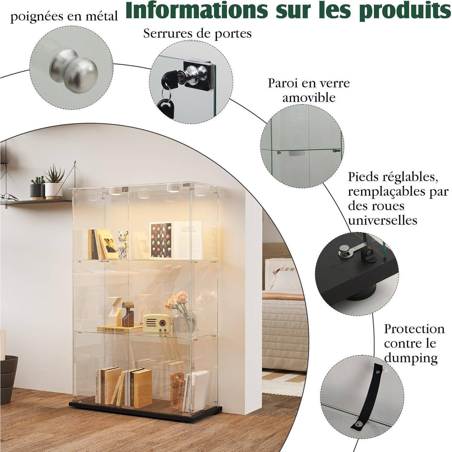 Französisches Produktinformationsdiagramm eines transparenten Vitrinenschranks mit Metallgriffen, Türschlössern, abnehmbaren Glaspaneelen, verstellbaren Füßen oder Rollen und Kippschutz.
