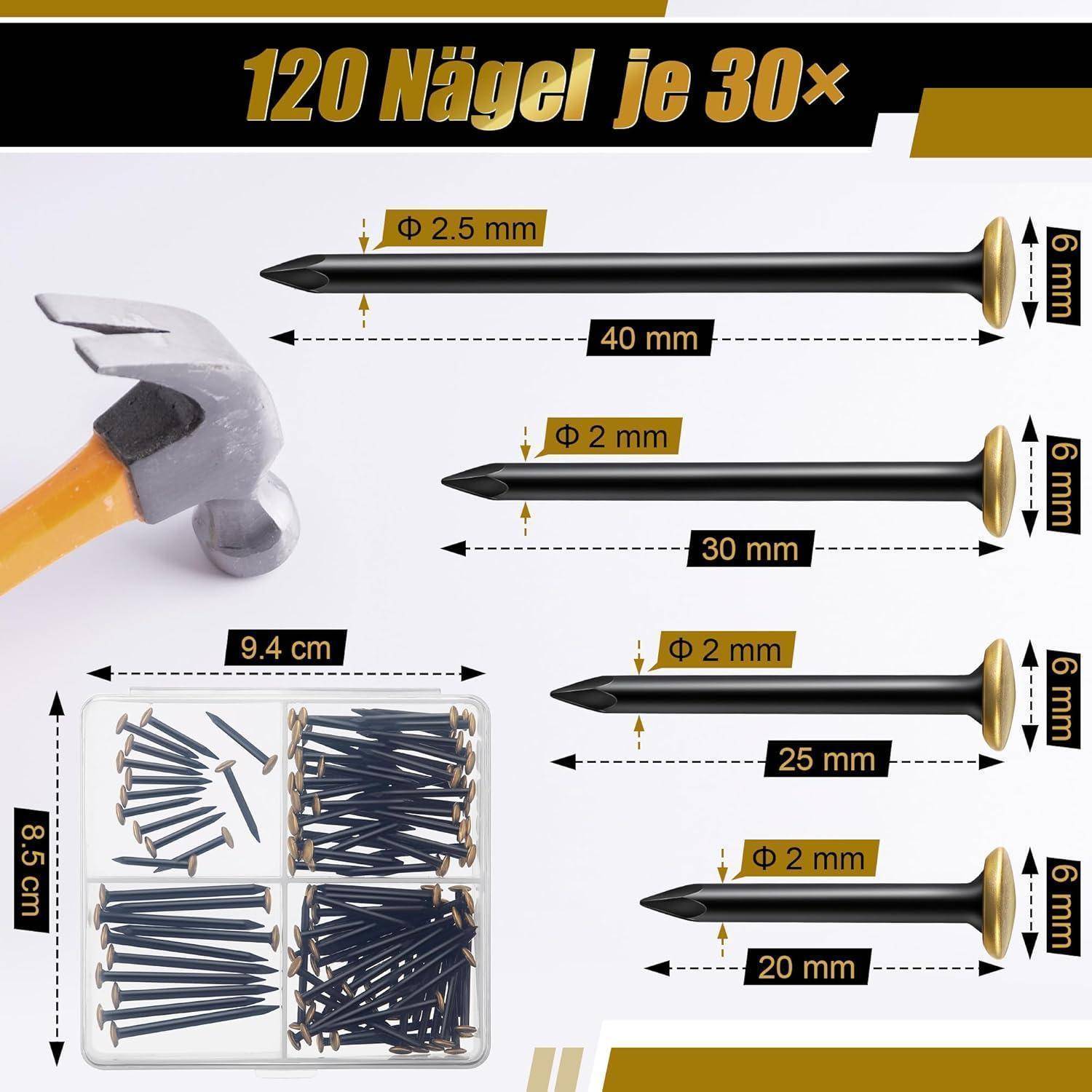 Enhon 120 Bildernägel Set (20/25/30/40mm) - Rostfreie Stahlnägel mit goldfarbenem Kopf für Beton, Ziegel & Holz - Ohne Bohren - Schont die Wand -
