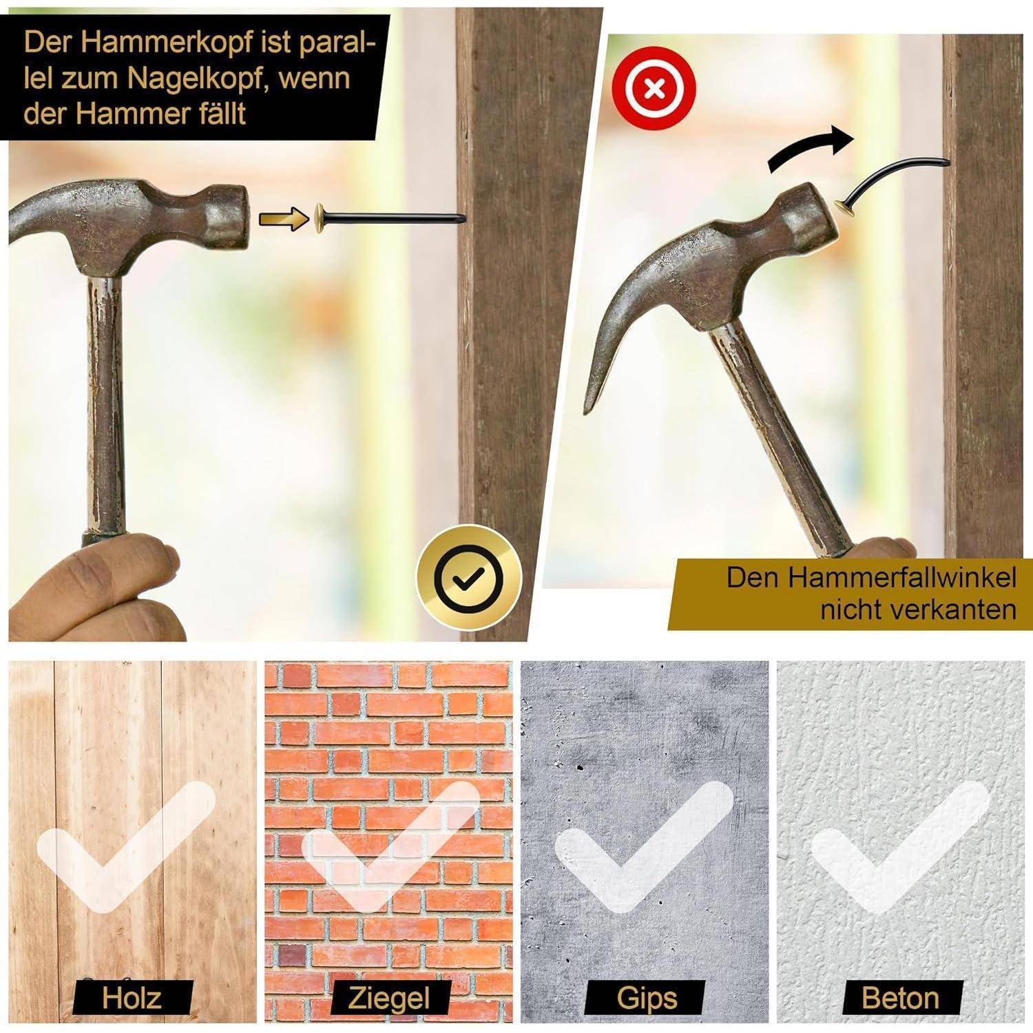 Enhon 120 Bildernägel Set (20/25/30/40mm) - Rostfreie Stahlnägel mit goldfarbenem Kopf für Beton, Ziegel & Holz - Ohne Bohren - Schont die Wand -