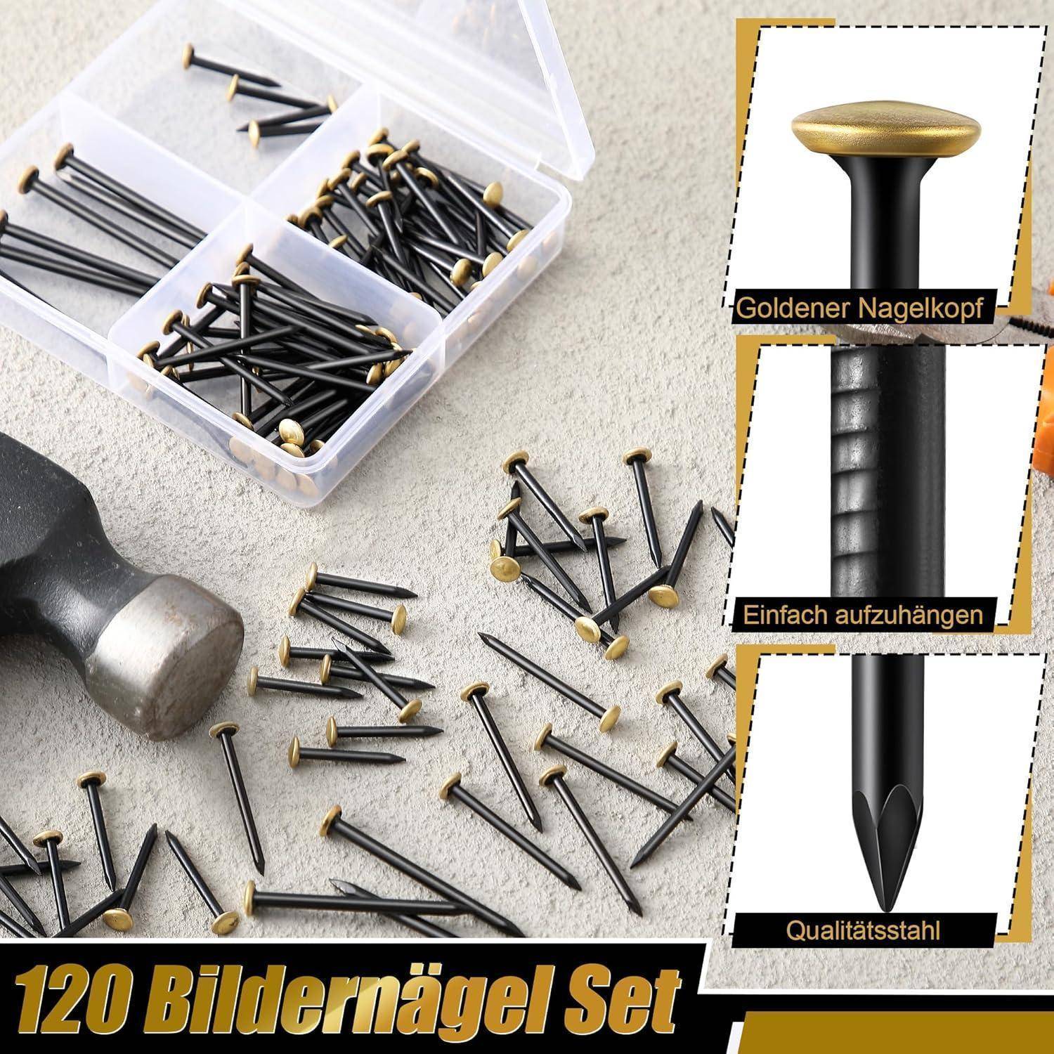 Enhon 120 Bildernägel Set (20/25/30/40mm) - Rostfreie Stahlnägel mit goldfarbenem Kopf für Beton, Ziegel & Holz - Ohne Bohren - Schont die Wand -